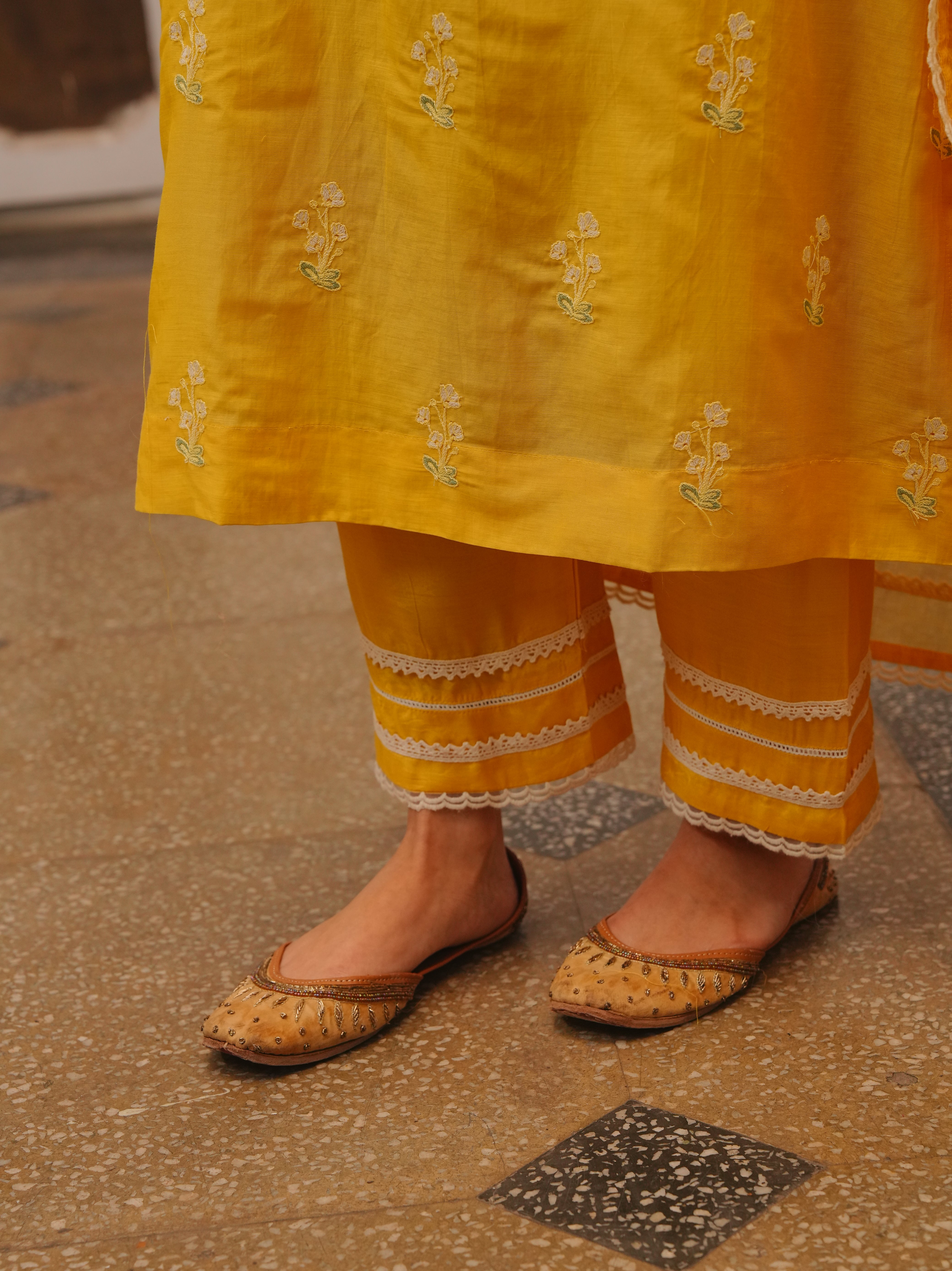 MARIGOLD YELLOW MUL CHANDERI KURTA SET