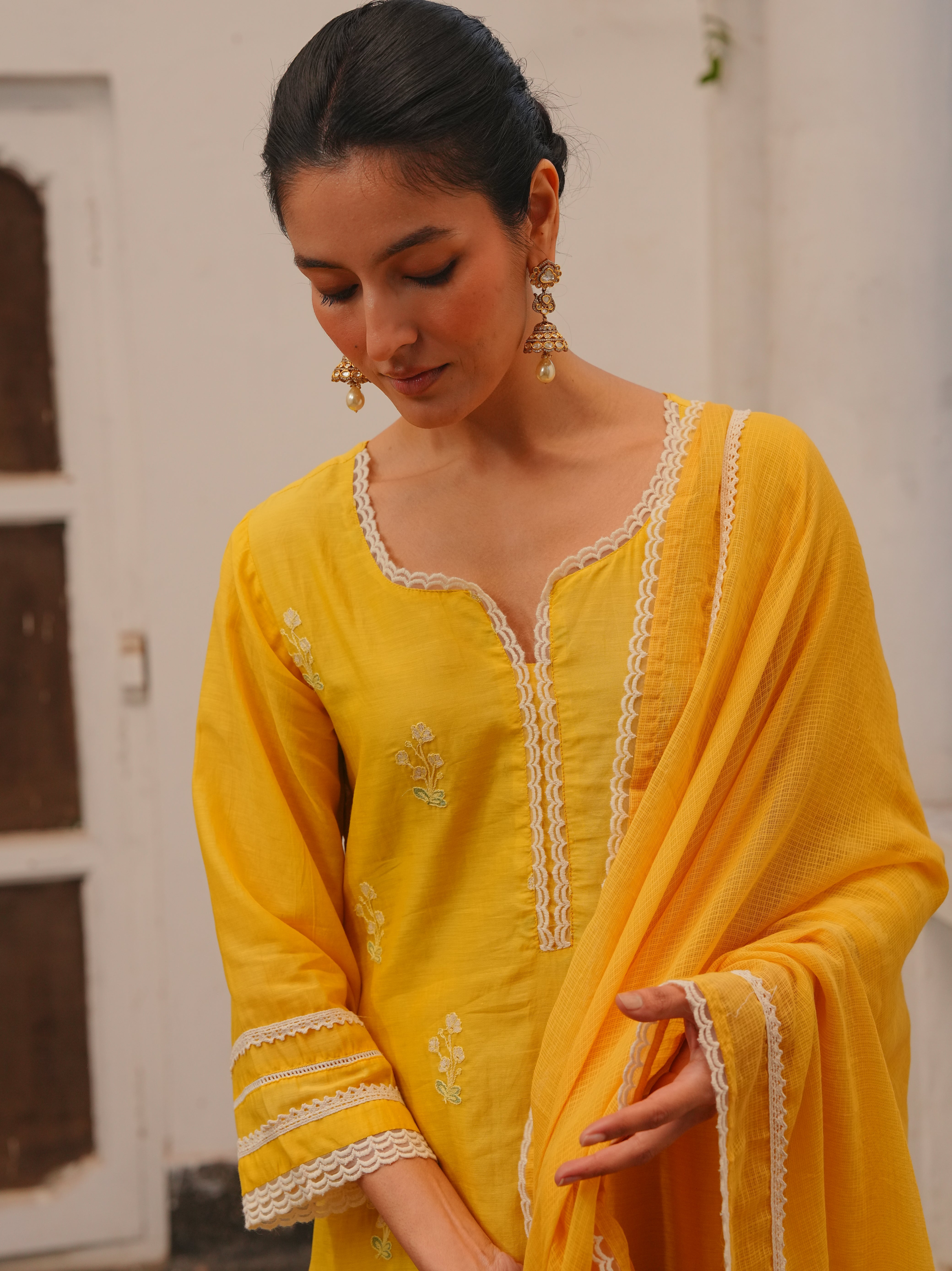MARIGOLD YELLOW MUL CHANDERI KURTA SET