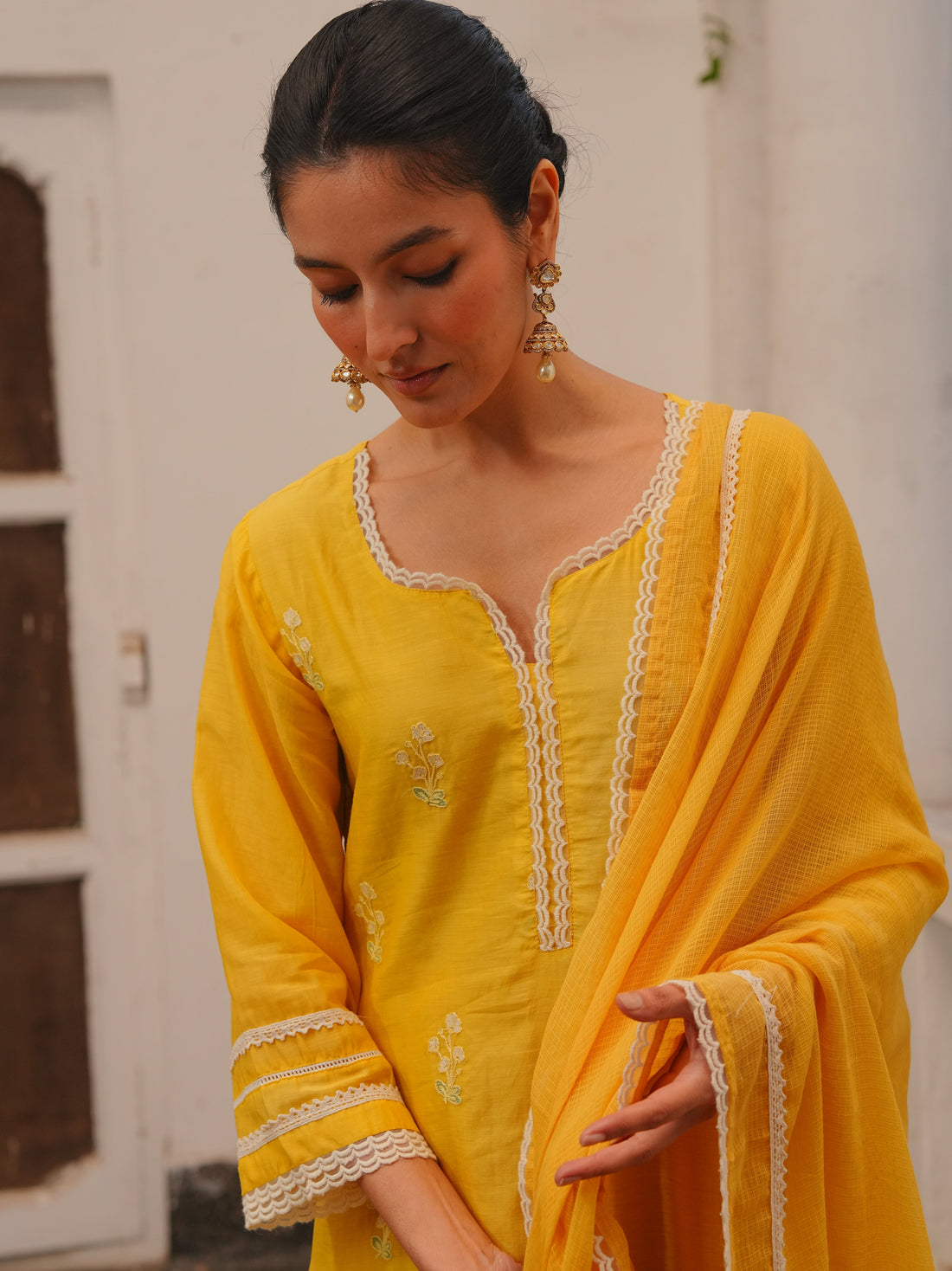 MARIGOLD YELLOW MUL CHANDERI KURTA SET
