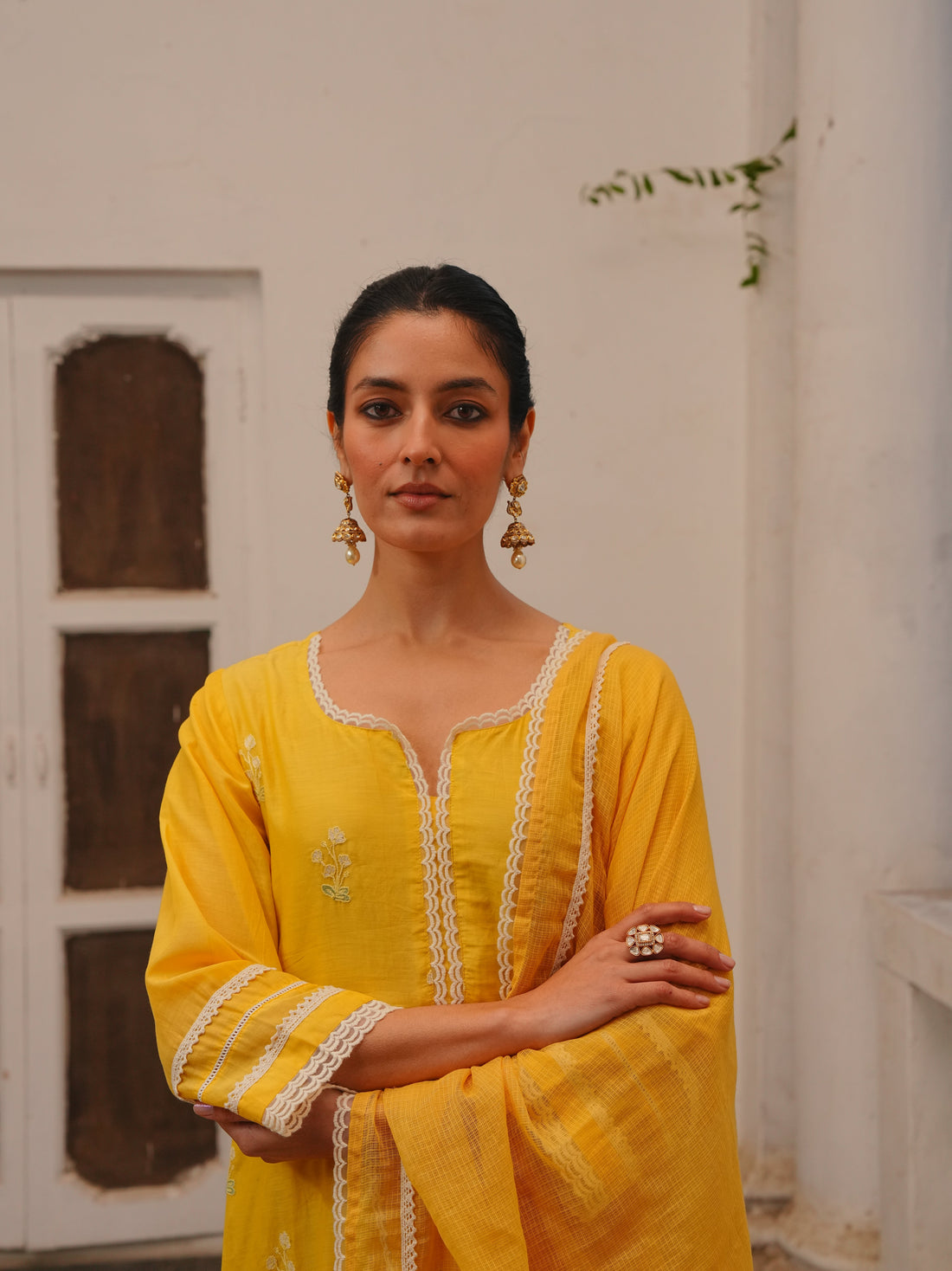 MARIGOLD YELLOW MUL CHANDERI KURTA SET