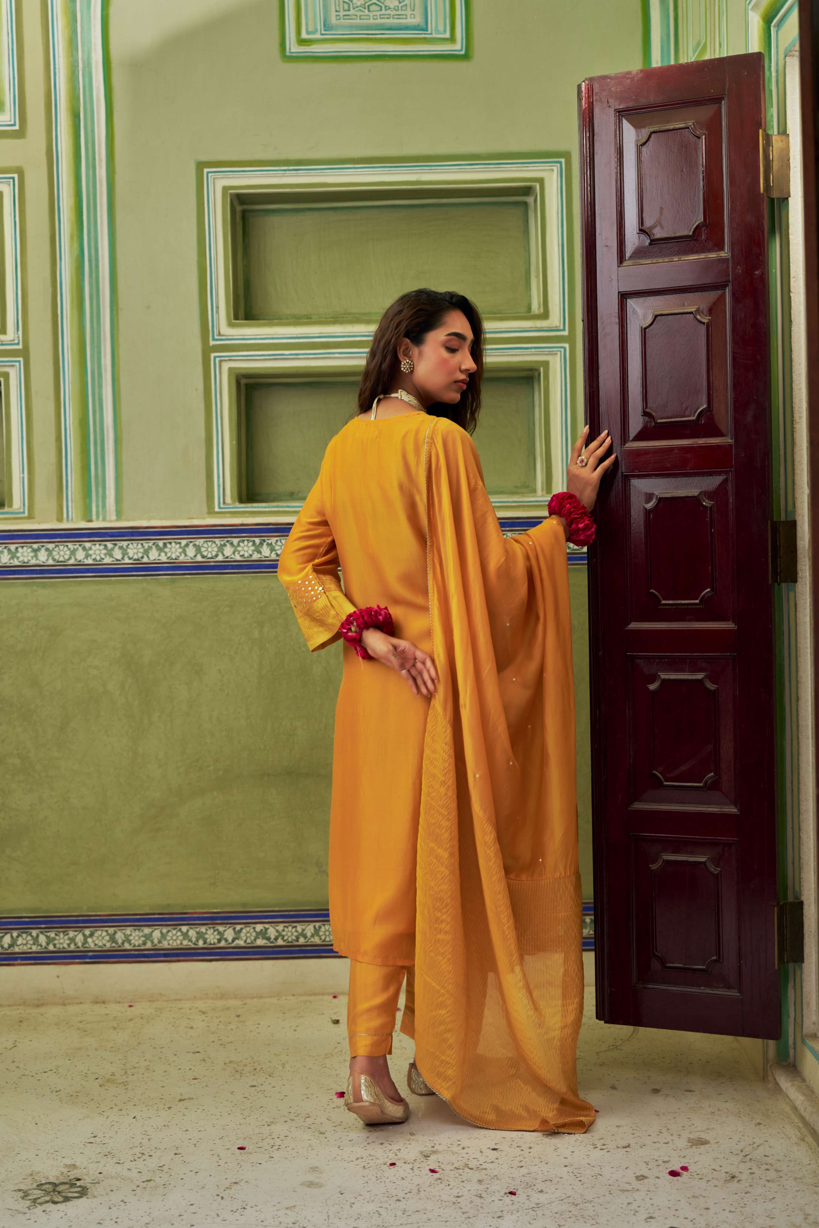 MUSTARD TABBY SILK A-LINE KURTA SET