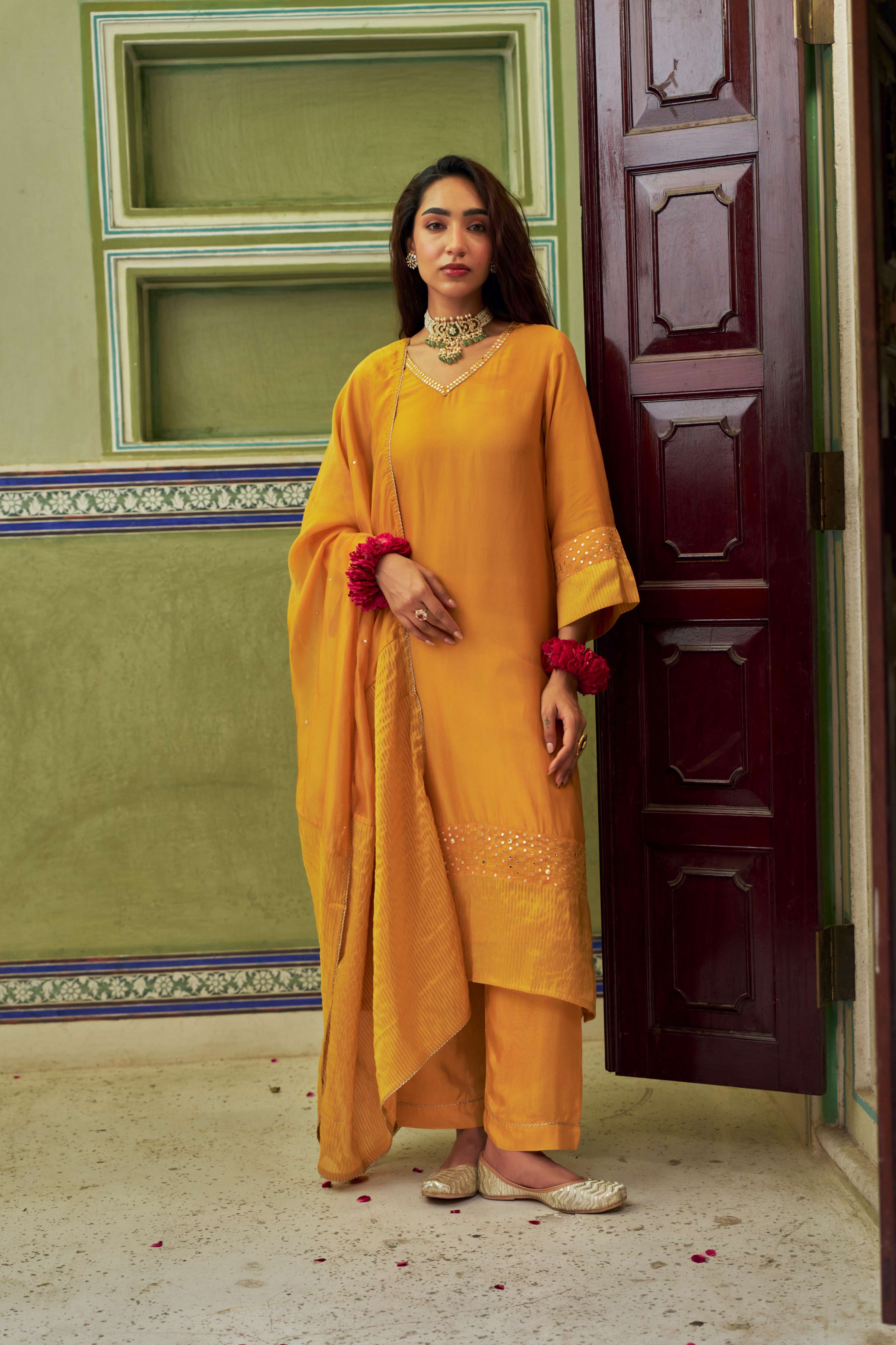 MUSTARD TABBY SILK A-LINE KURTA SET