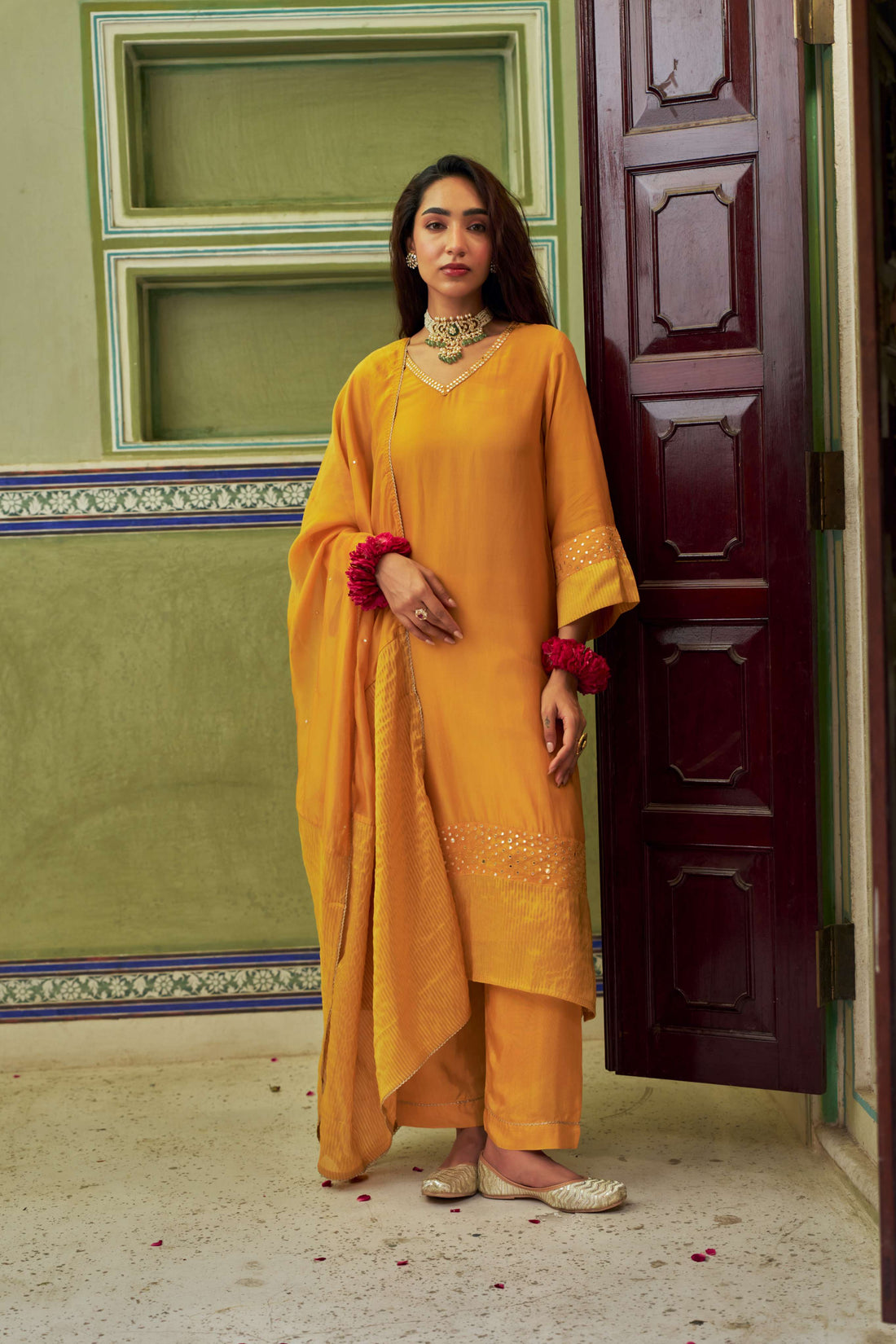 MUSTARD TABBY SILK A-LINE KURTA SET