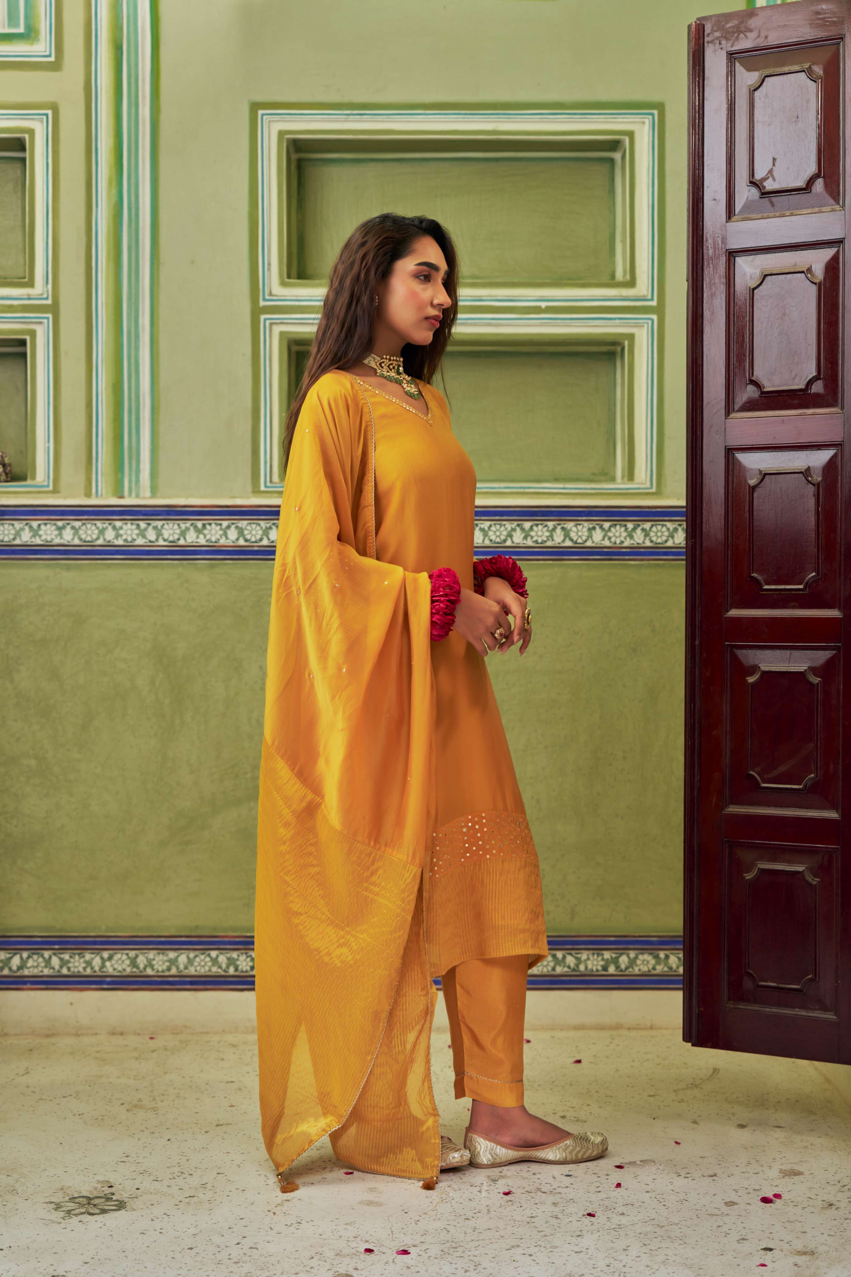 MUSTARD TABBY SILK A-LINE KURTA SET