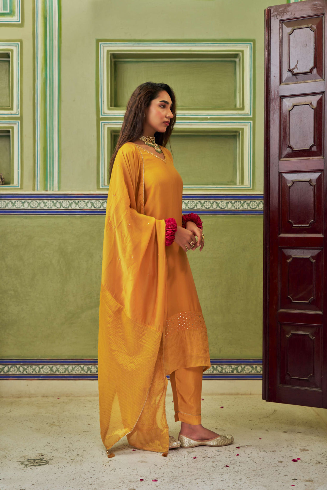 MUSTARD TABBY SILK A-LINE KURTA SET