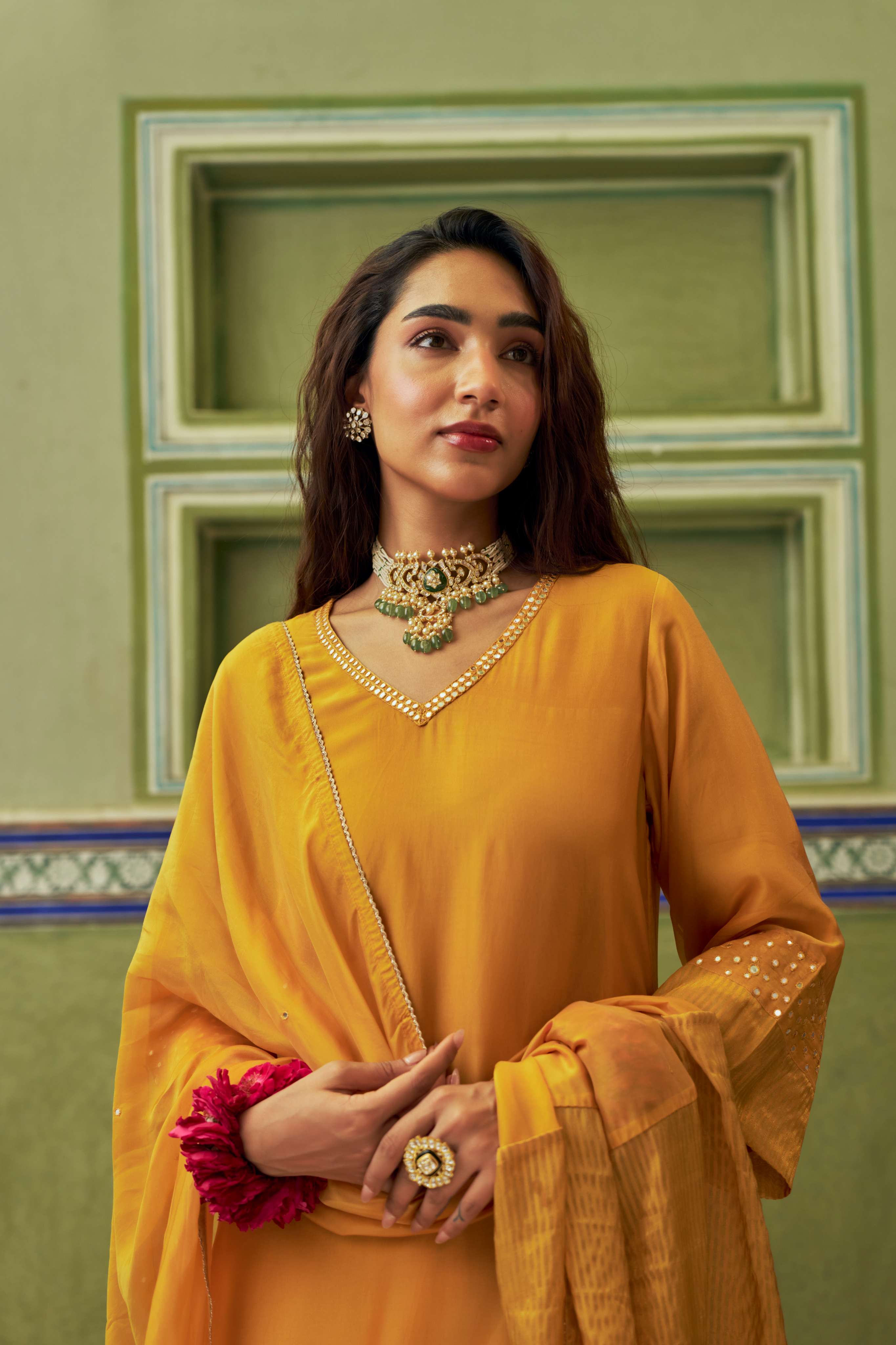 MUSTARD TABBY SILK A-LINE KURTA SET