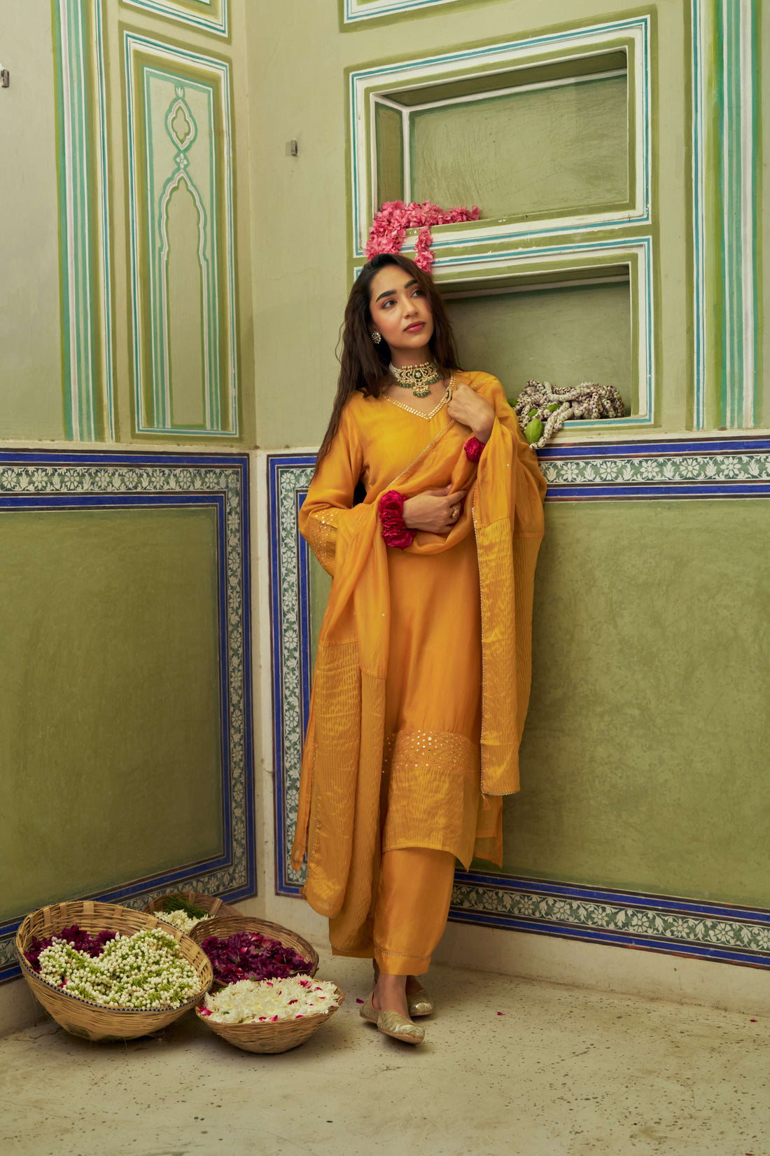 MUSTARD TABBY SILK A-LINE KURTA SET