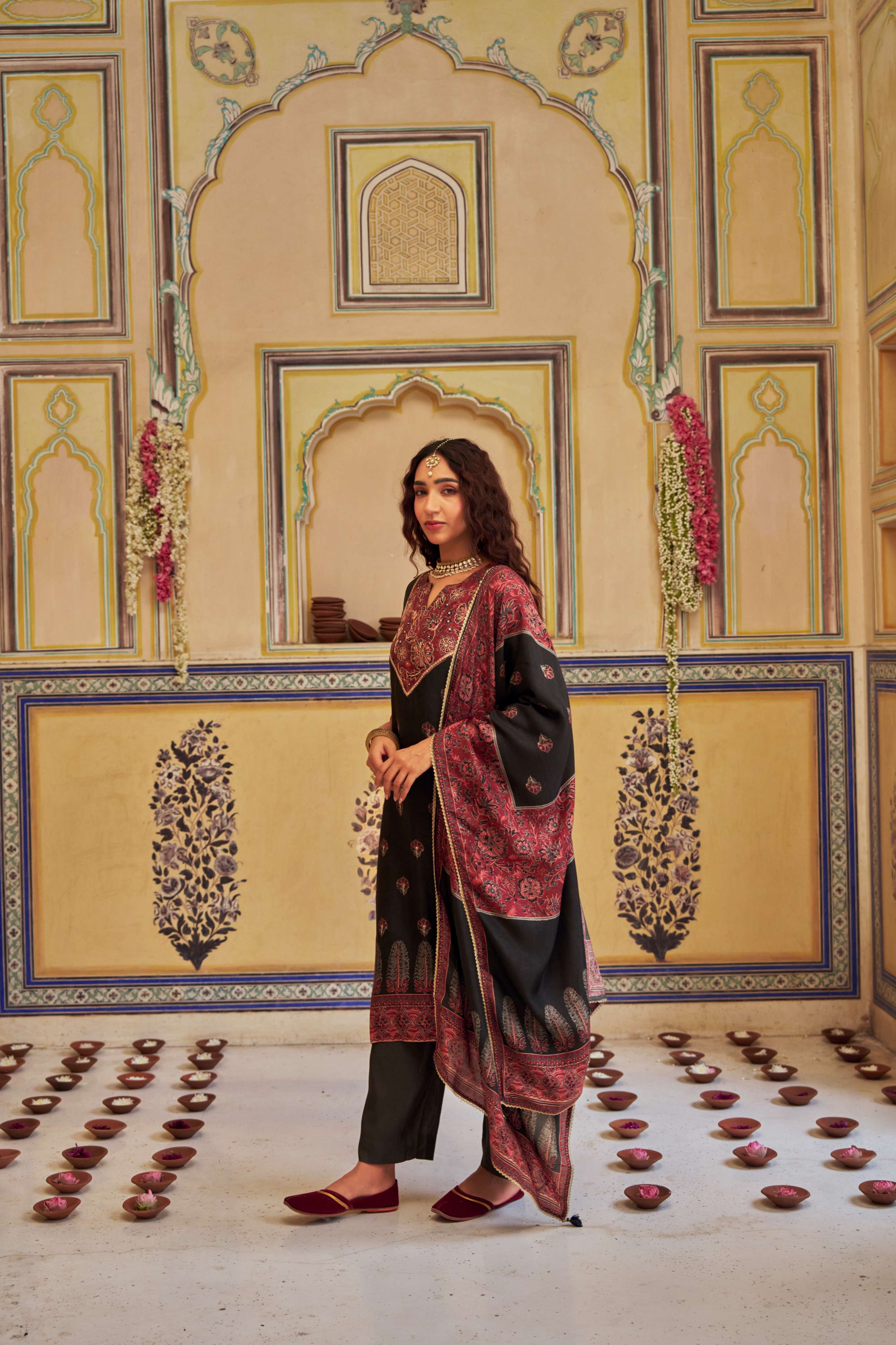 BLACK RUSSIAN SILK KURTA SET
