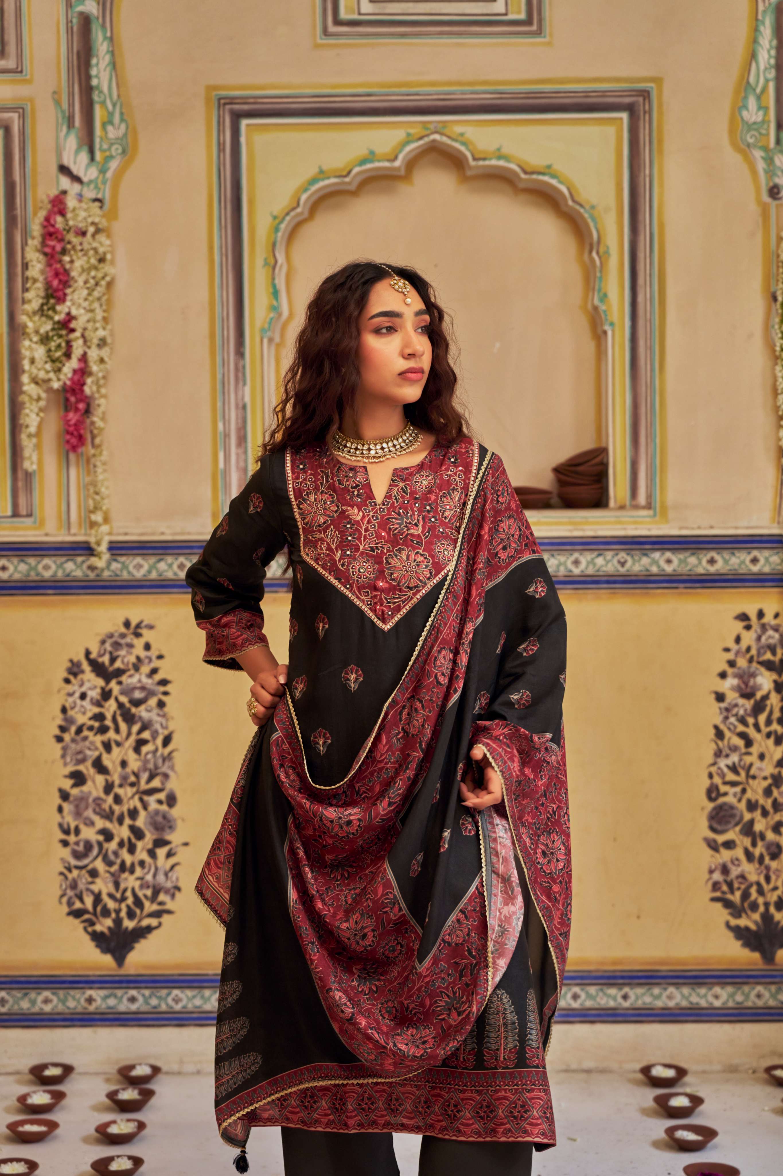 BLACK RUSSIAN SILK KURTA SET