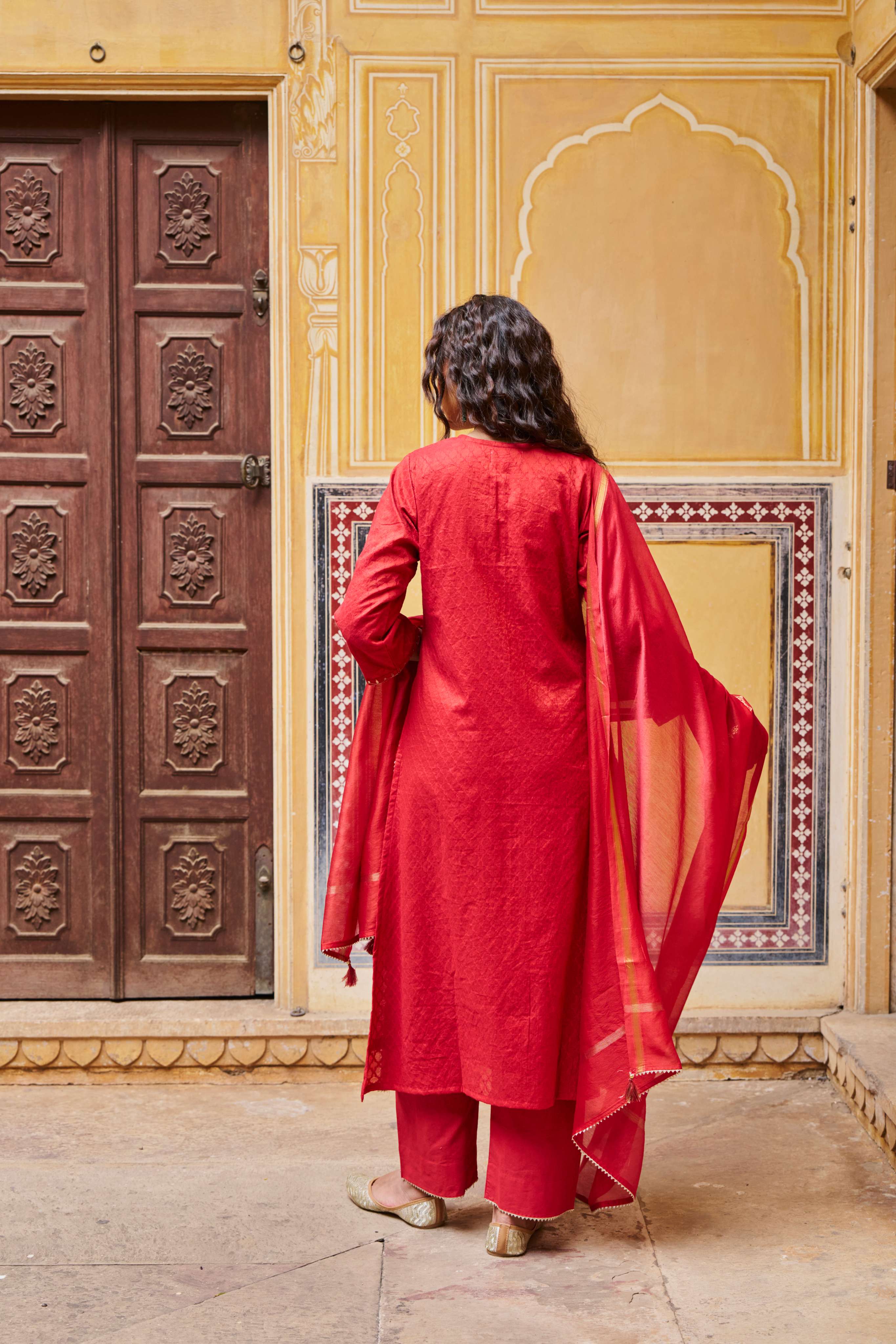 CRIMSON RED PURE BANARSI COTTON PATOLA KURTA SET