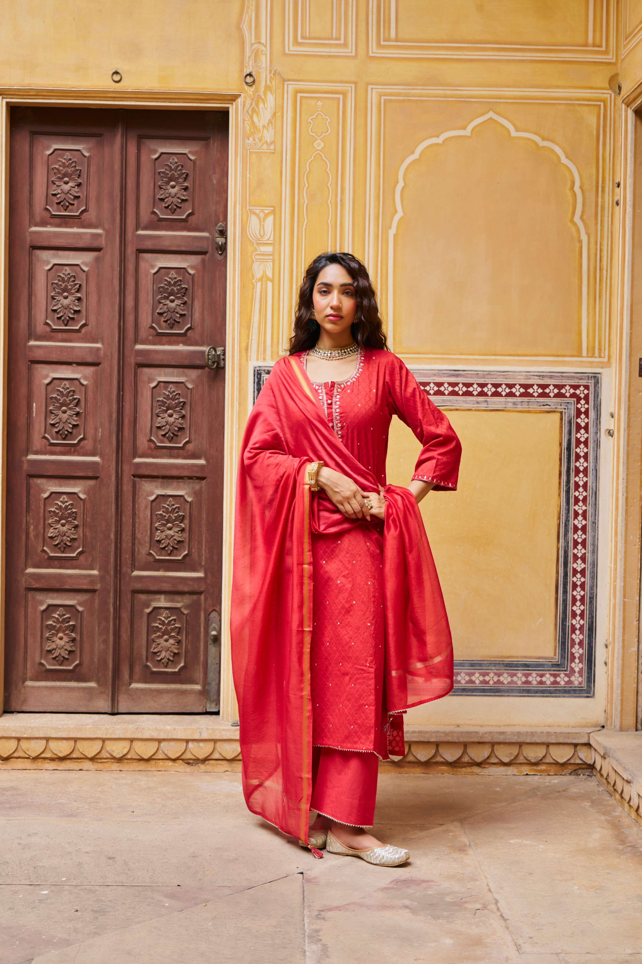 CRIMSON RED PURE BANARSI COTTON PATOLA KURTA SET