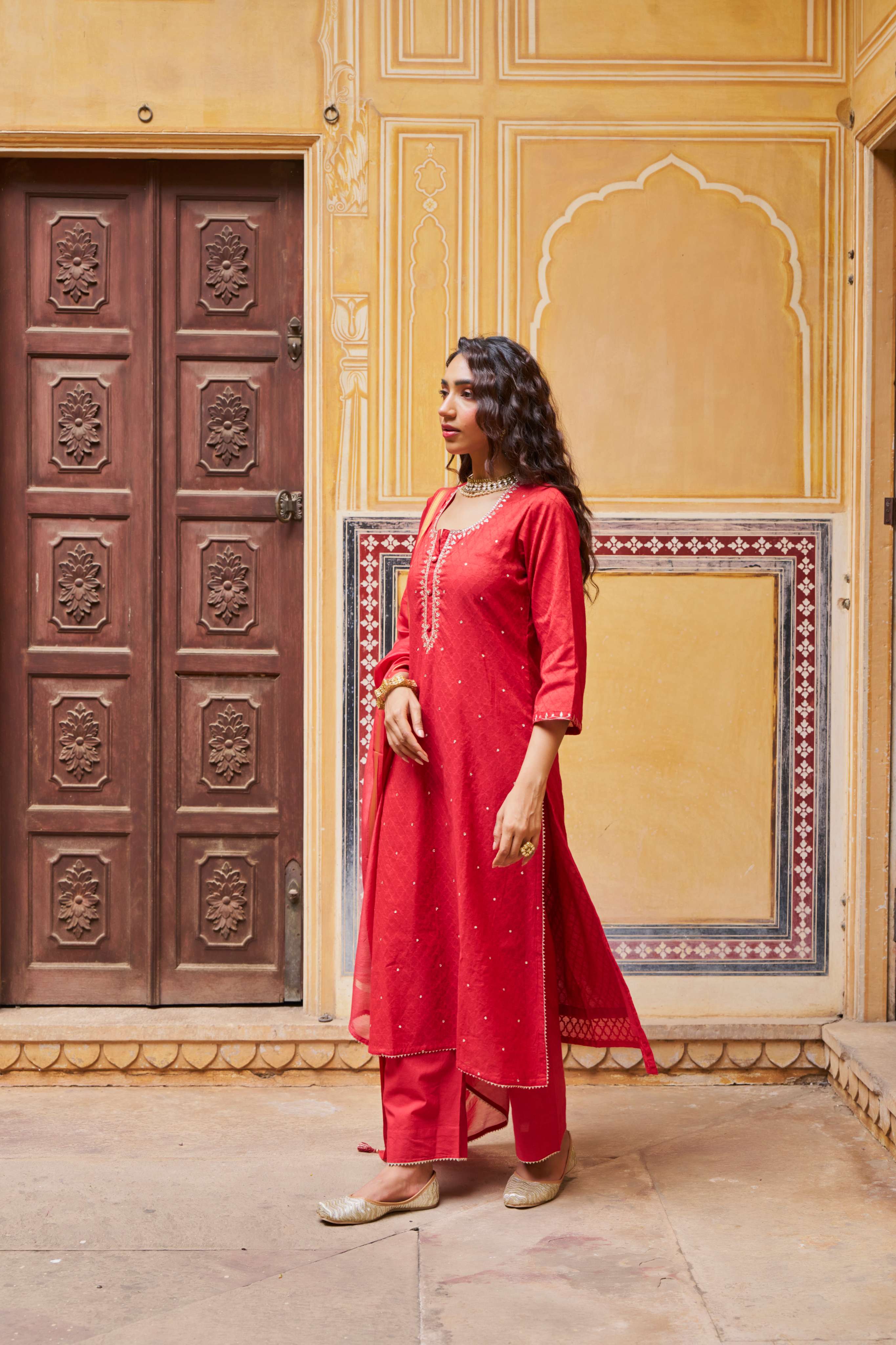 CRIMSON RED PURE BANARSI COTTON PATOLA KURTA SET