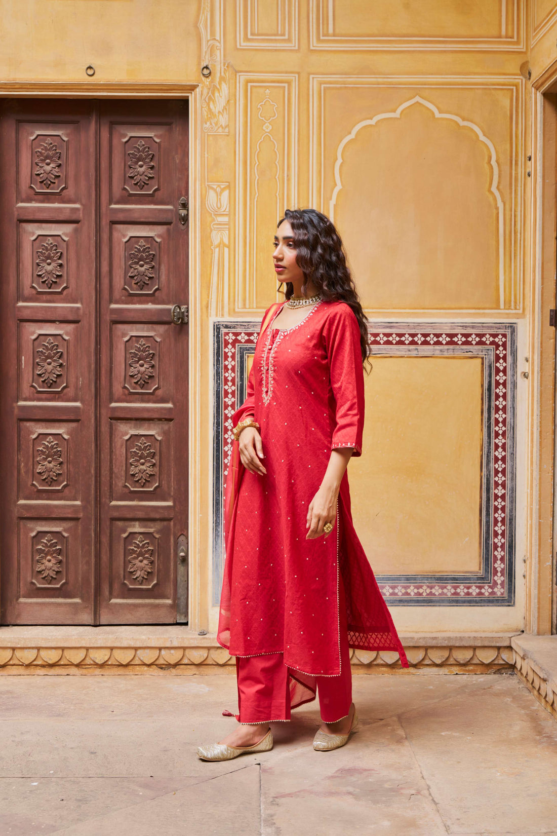 CRIMSON RED PURE BANARSI COTTON PATOLA KURTA SET