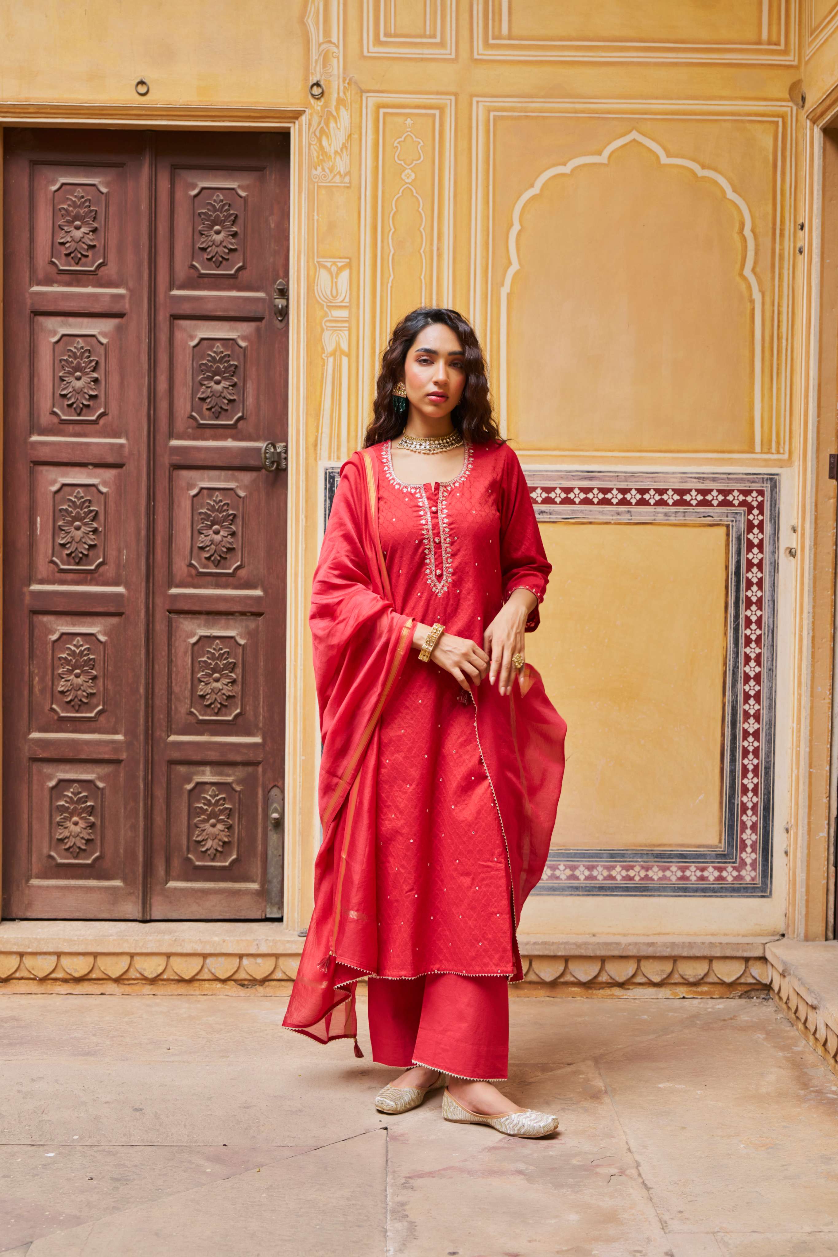 CRIMSON RED PURE BANARSI COTTON PATOLA KURTA SET