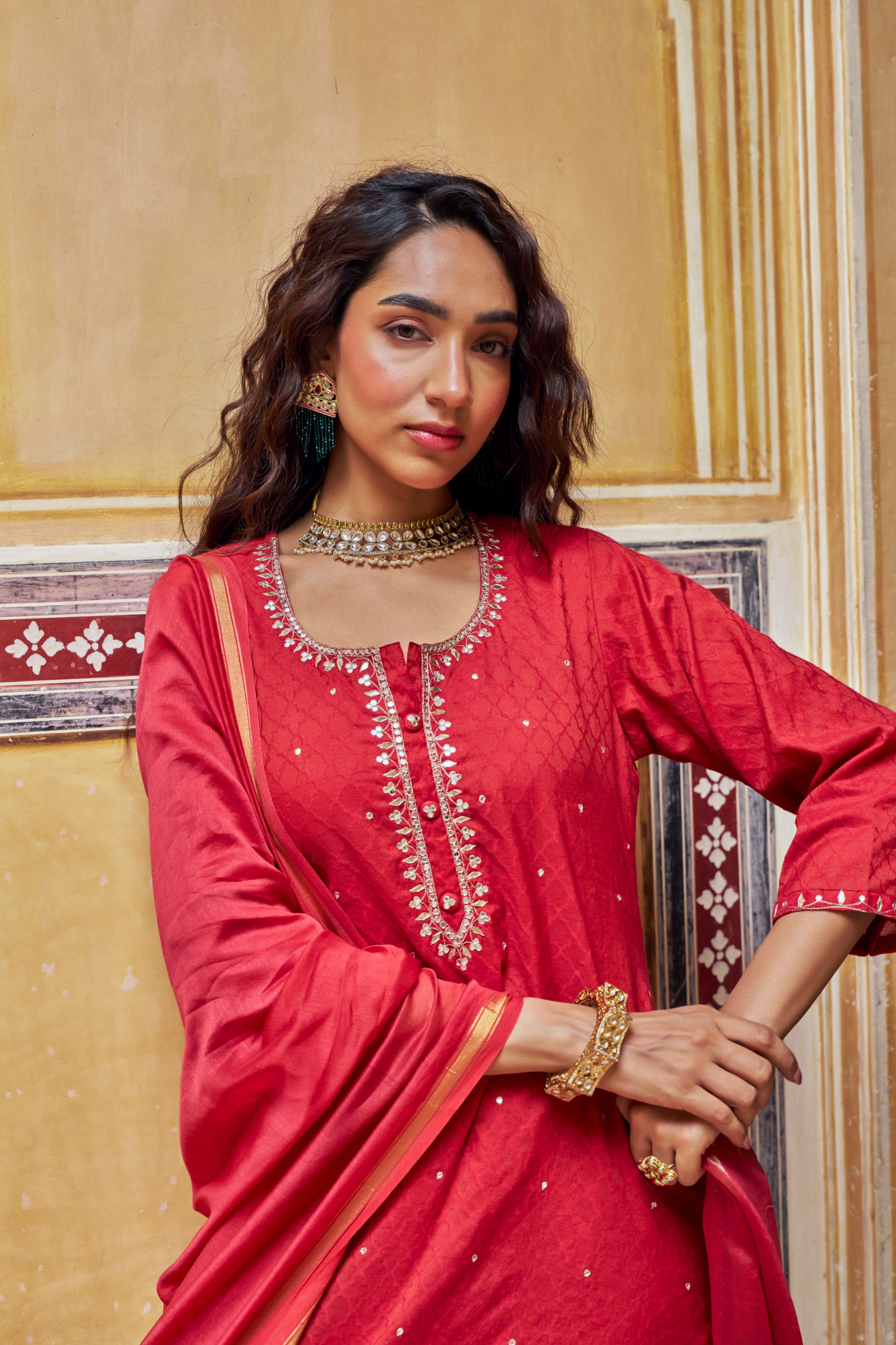 CRIMSON RED PURE BANARSI COTTON PATOLA KURTA SET