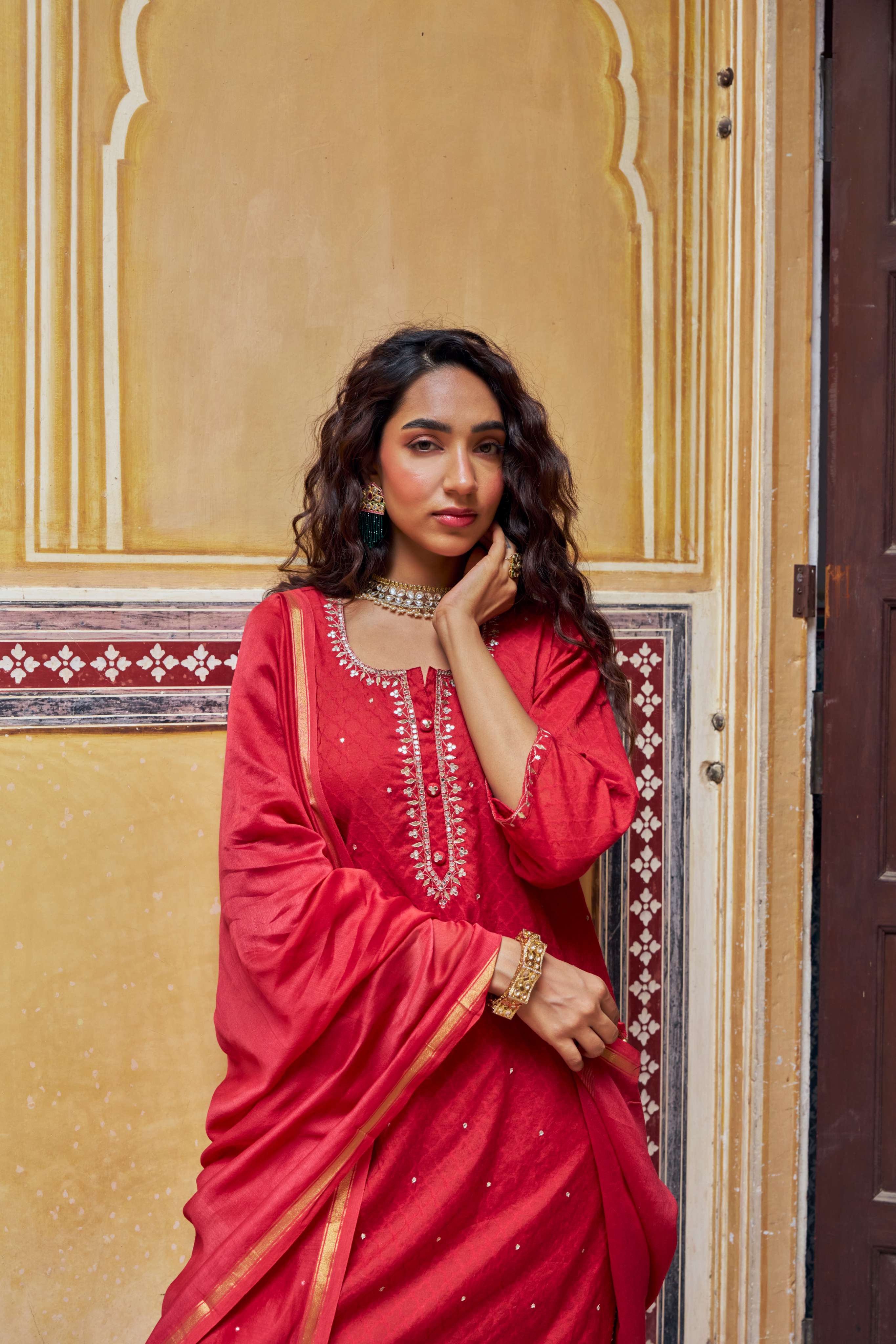 CRIMSON RED PURE BANARSI COTTON PATOLA KURTA SET