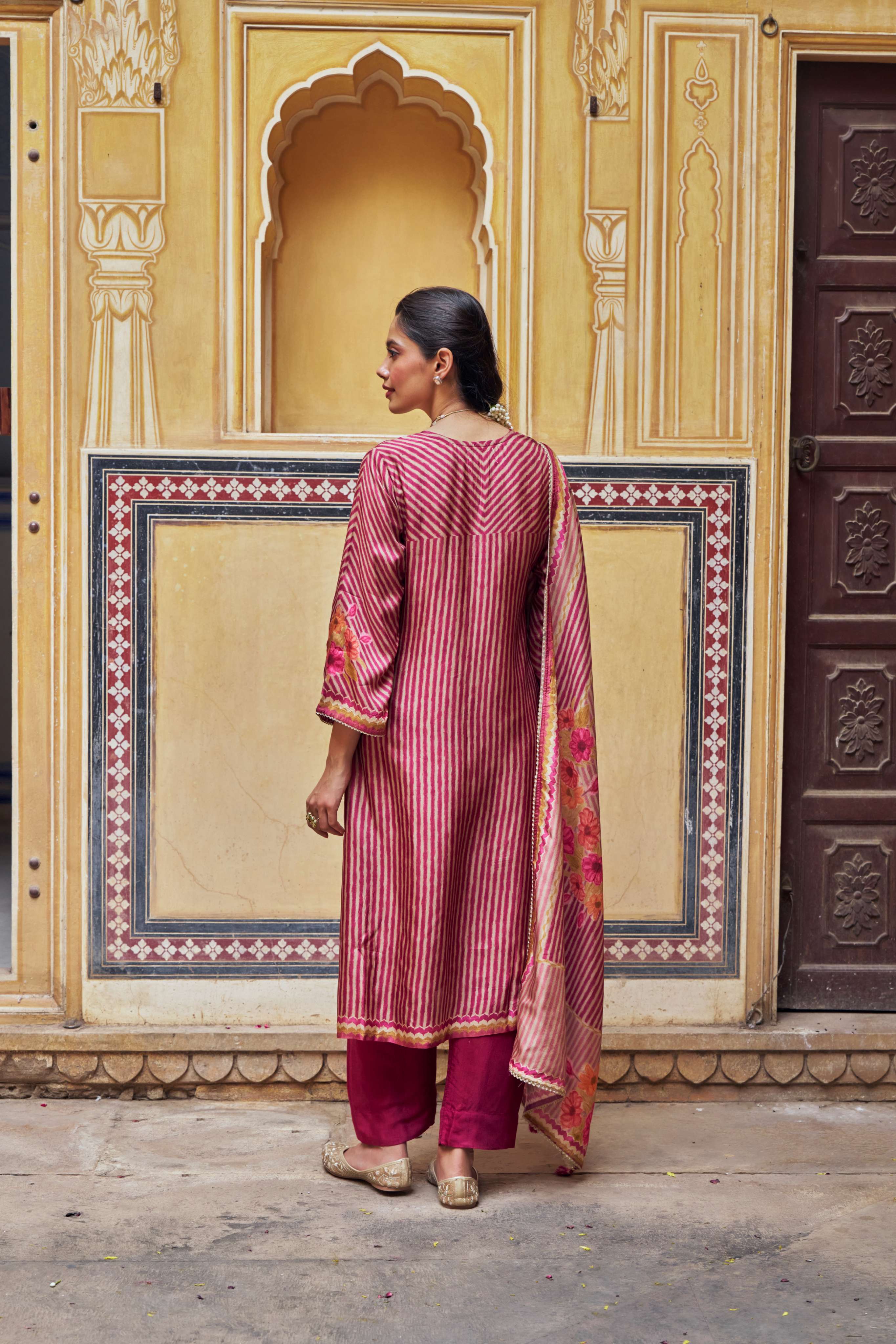 PINK RUSSIAN SILK  STRIPE KURTA SET