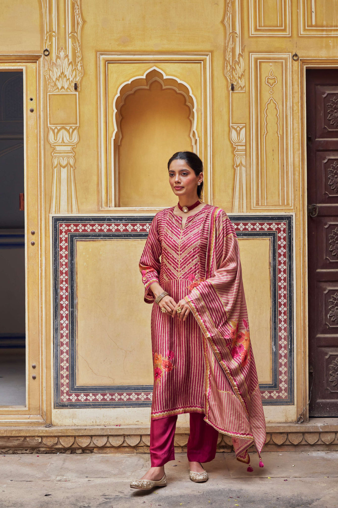 PINK RUSSIAN SILK  STRIPE KURTA SET