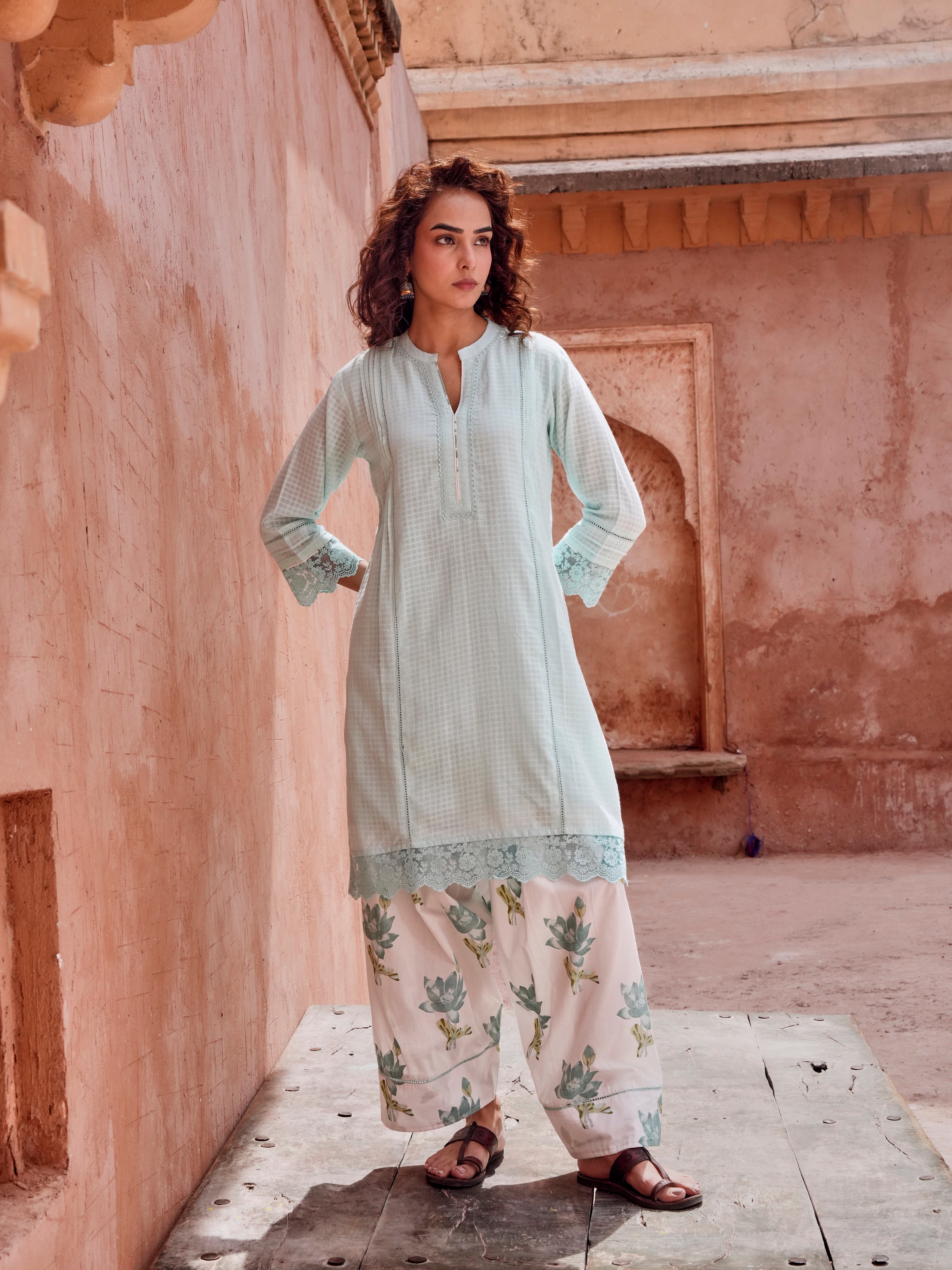 POWDER BLUE CHECKS MULMUL KURTA WITH FARSI SALWAR
