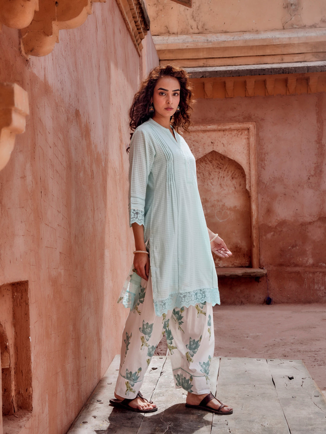 POWDER BLUE CHECKS MULMUL KURTA WITH FARSI SALWAR