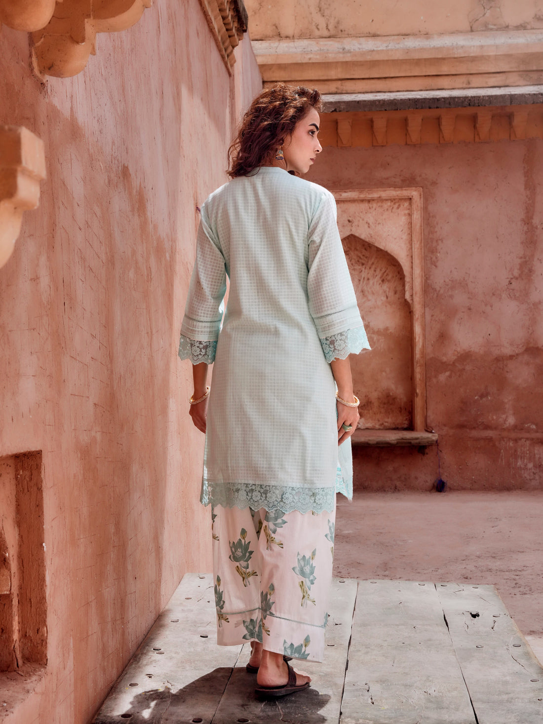 POWDER BLUE CHECKS MULMUL KURTA WITH FARSI SALWAR