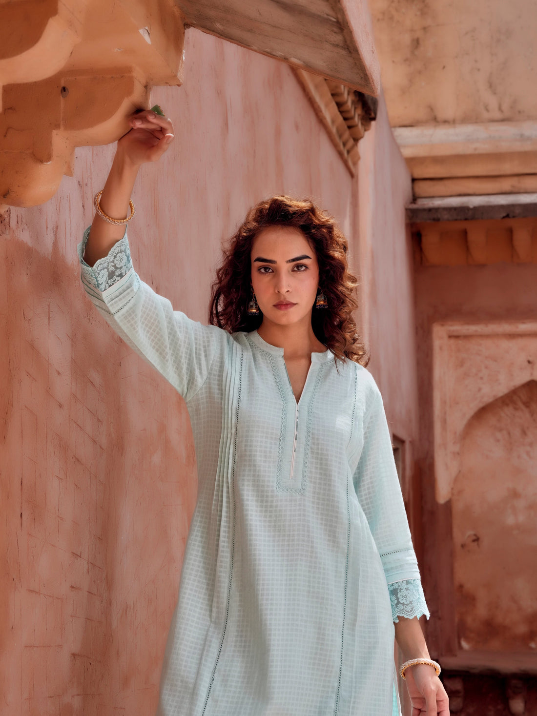 POWDER BLUE CHECKS MULMUL KURTA WITH FARSI SALWAR