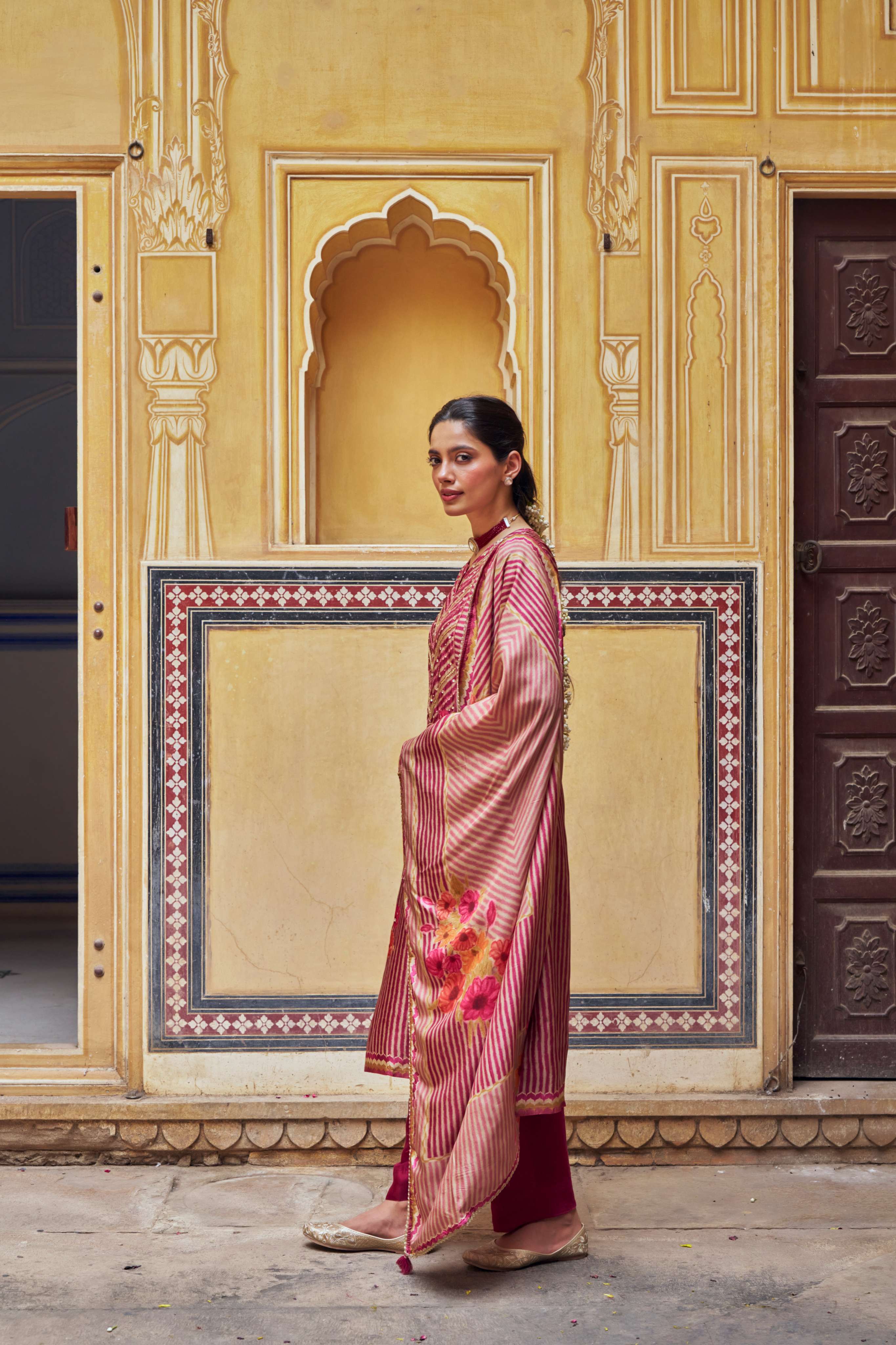 PINK RUSSIAN SILK  STRIPE KURTA SET