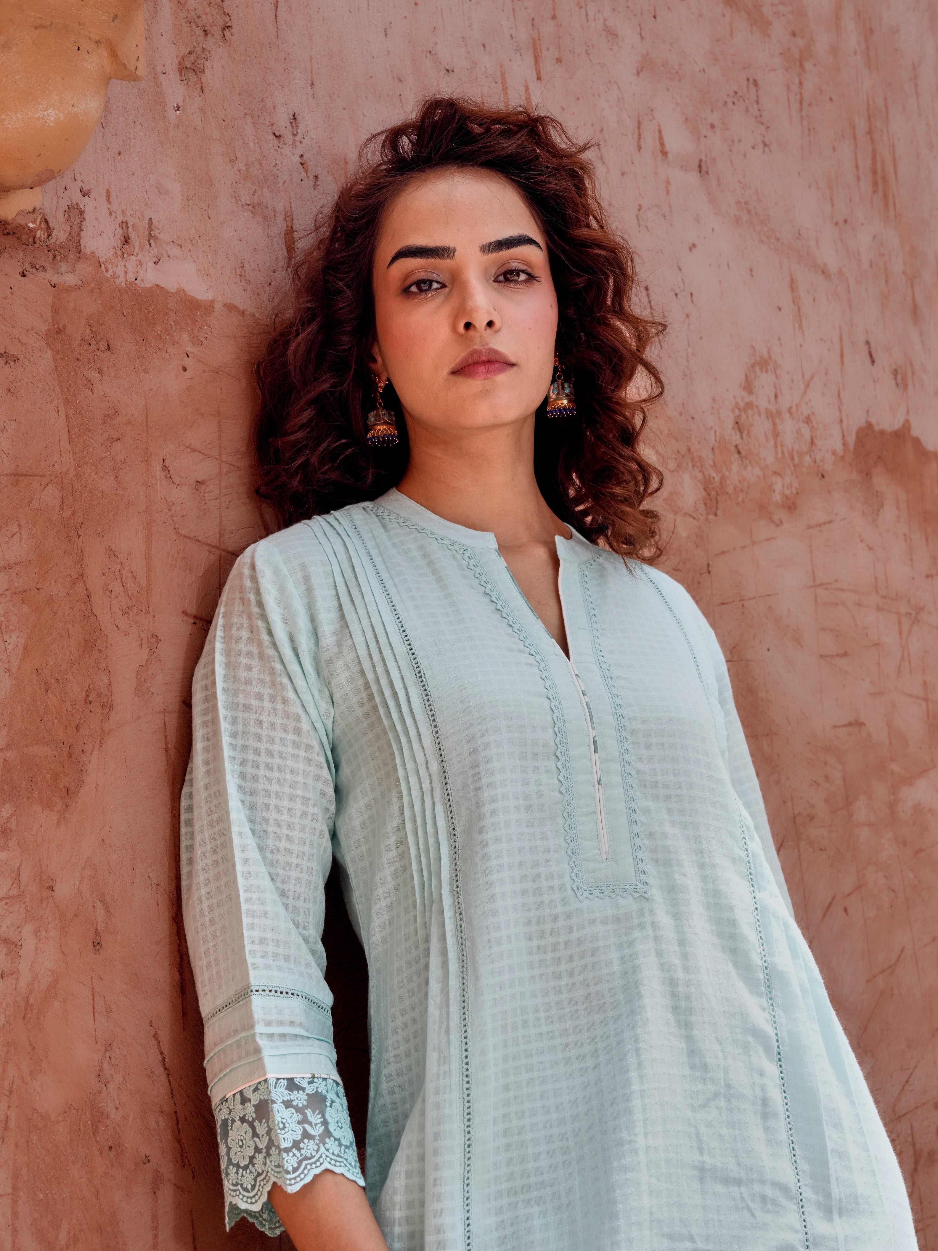 POWDER BLUE CHECKS MULMUL KURTA WITH FARSI SALWAR
