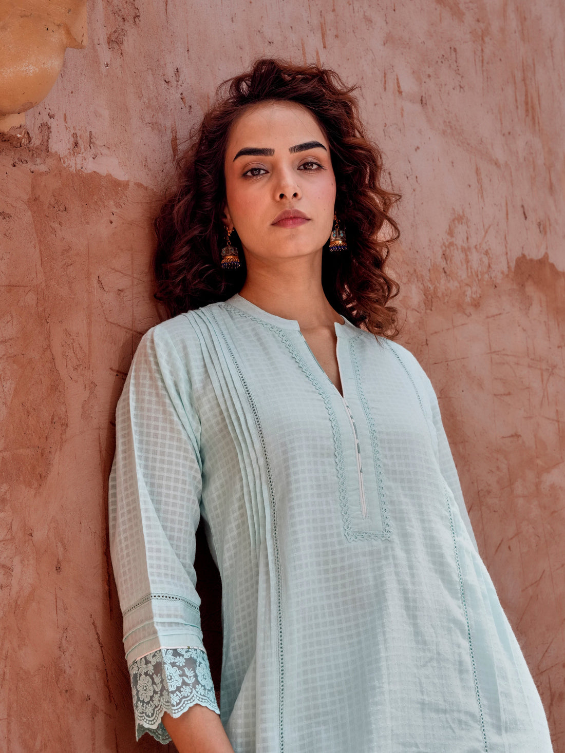 POWDER BLUE CHECKS MULMUL KURTA WITH FARSI SALWAR