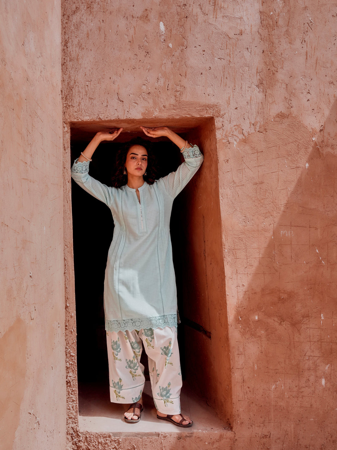 POWDER BLUE CHECKS MULMUL KURTA WITH FARSI SALWAR