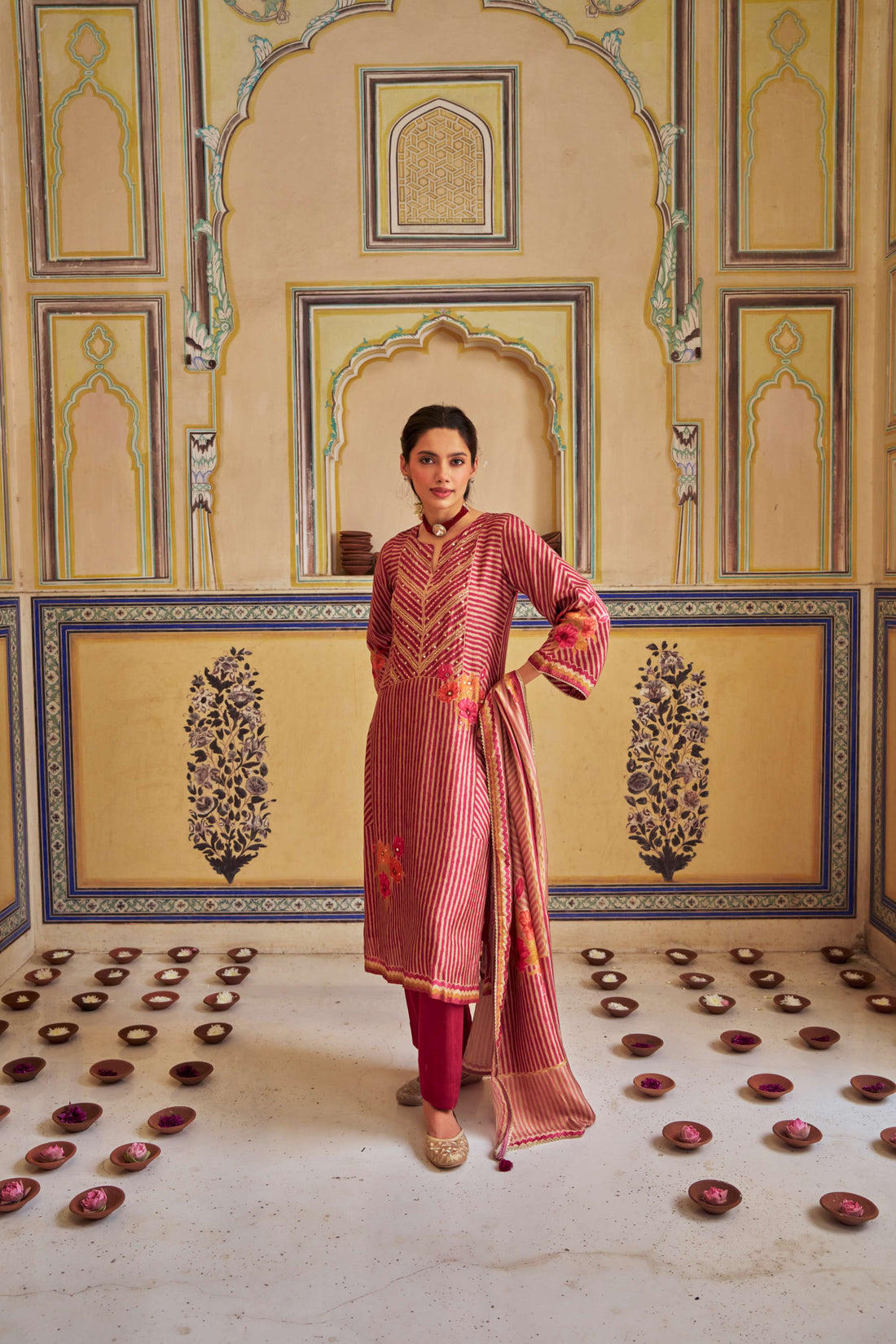 PINK RUSSIAN SILK  STRIPE KURTA SET