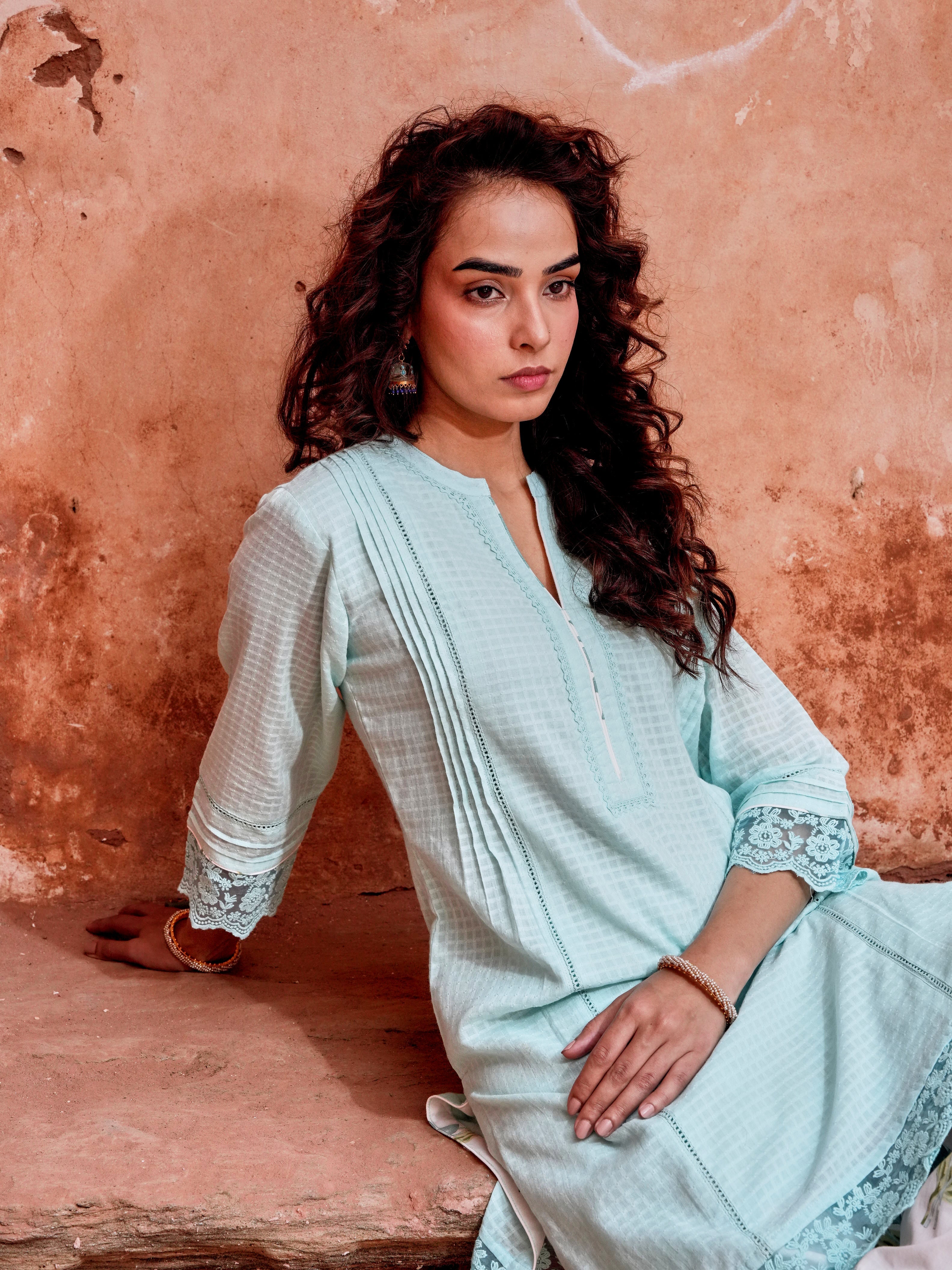 POWDER BLUE CHECKS MULMUL KURTA WITH FARSI SALWAR