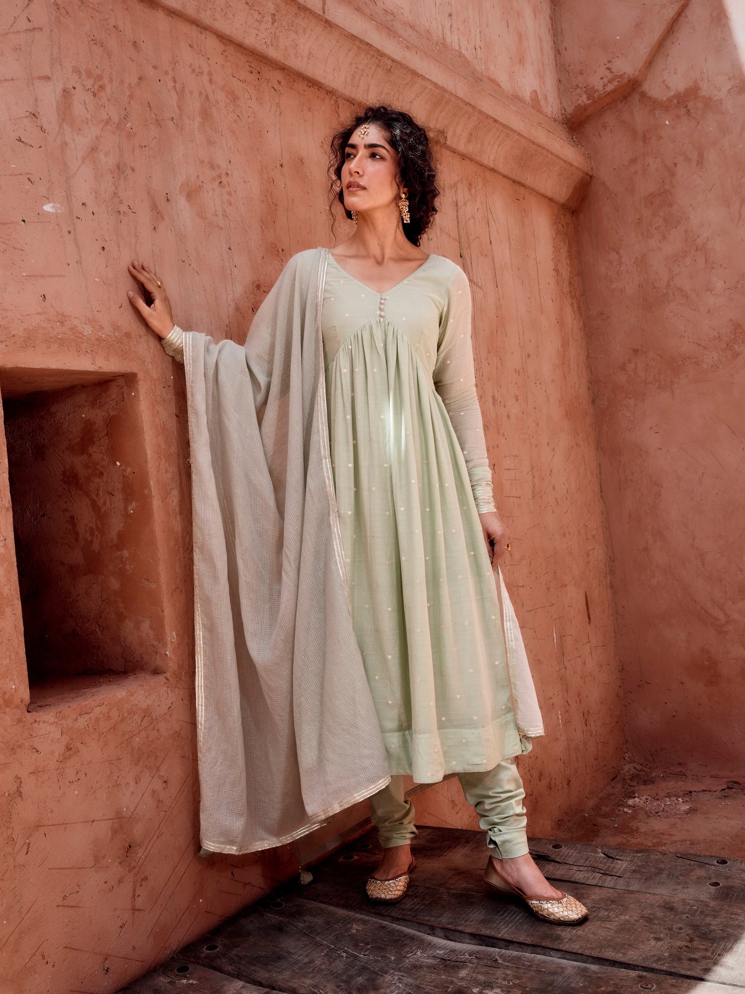 MUL COTTON PISTA GREEN ANARKALI SUIT SET