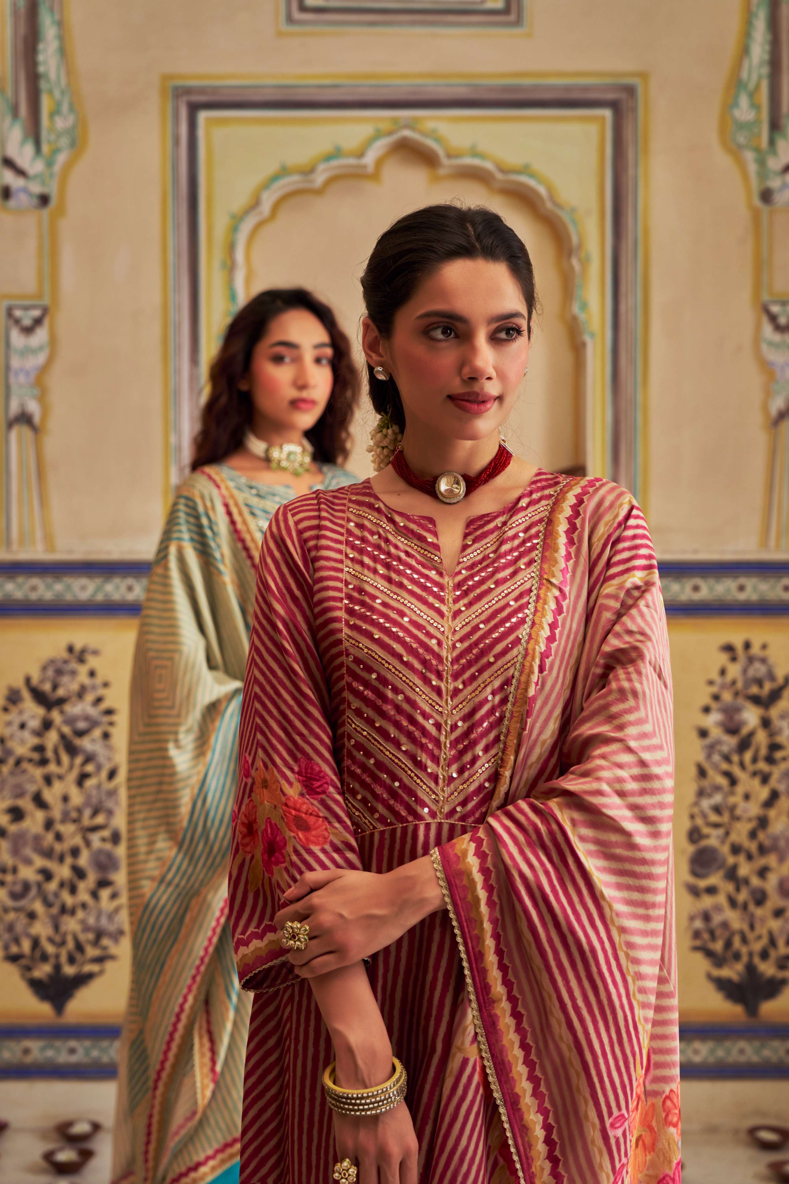 PINK RUSSIAN SILK  STRIPE KURTA SET