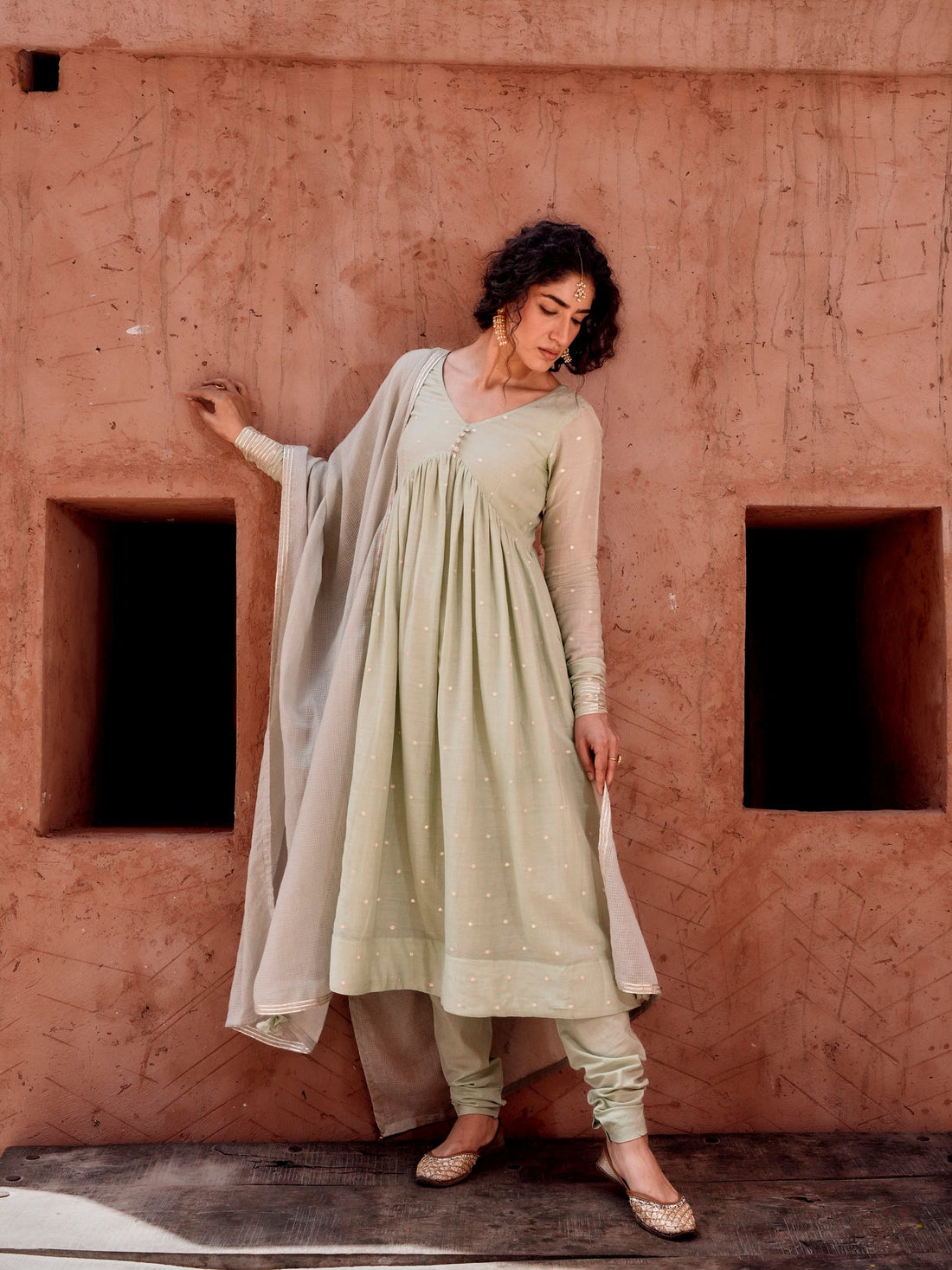 MUL COTTON PISTA GREEN ANARKALI SUIT SET