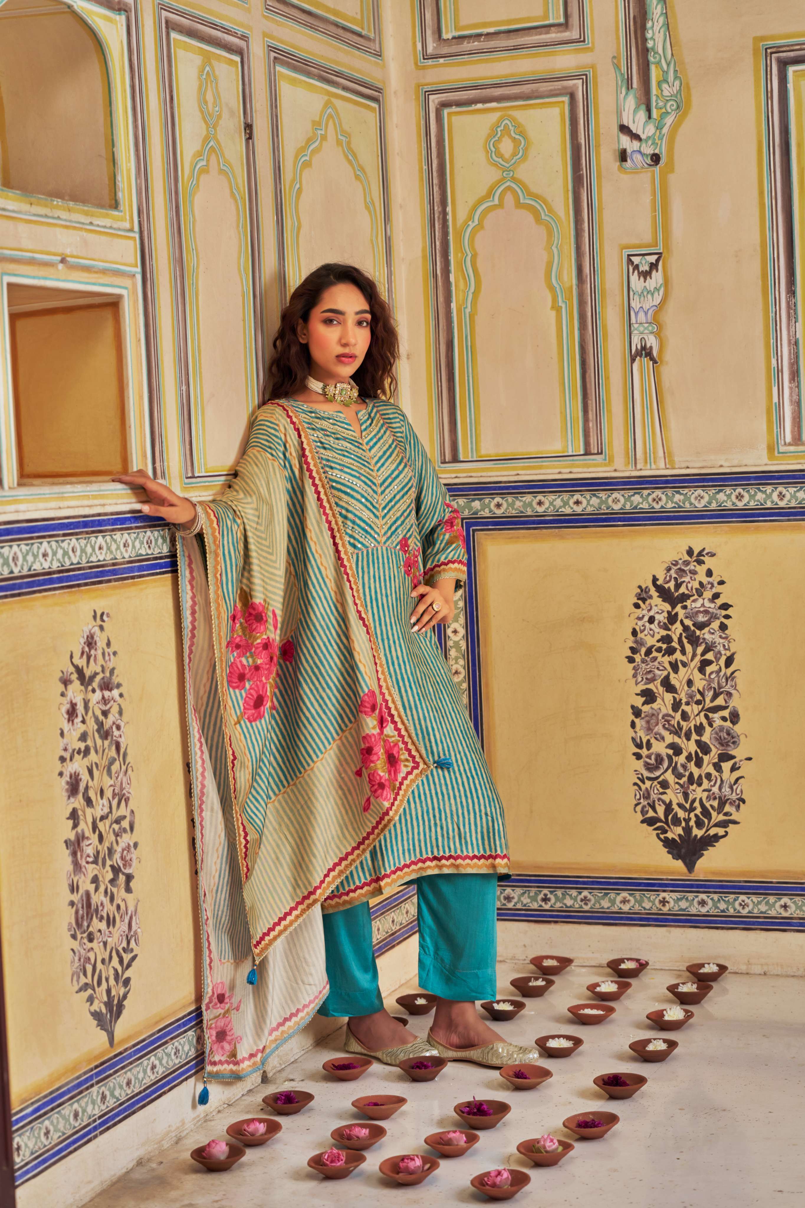 BLUE RUSSIAN SILK  STRIPE KURTA SET
