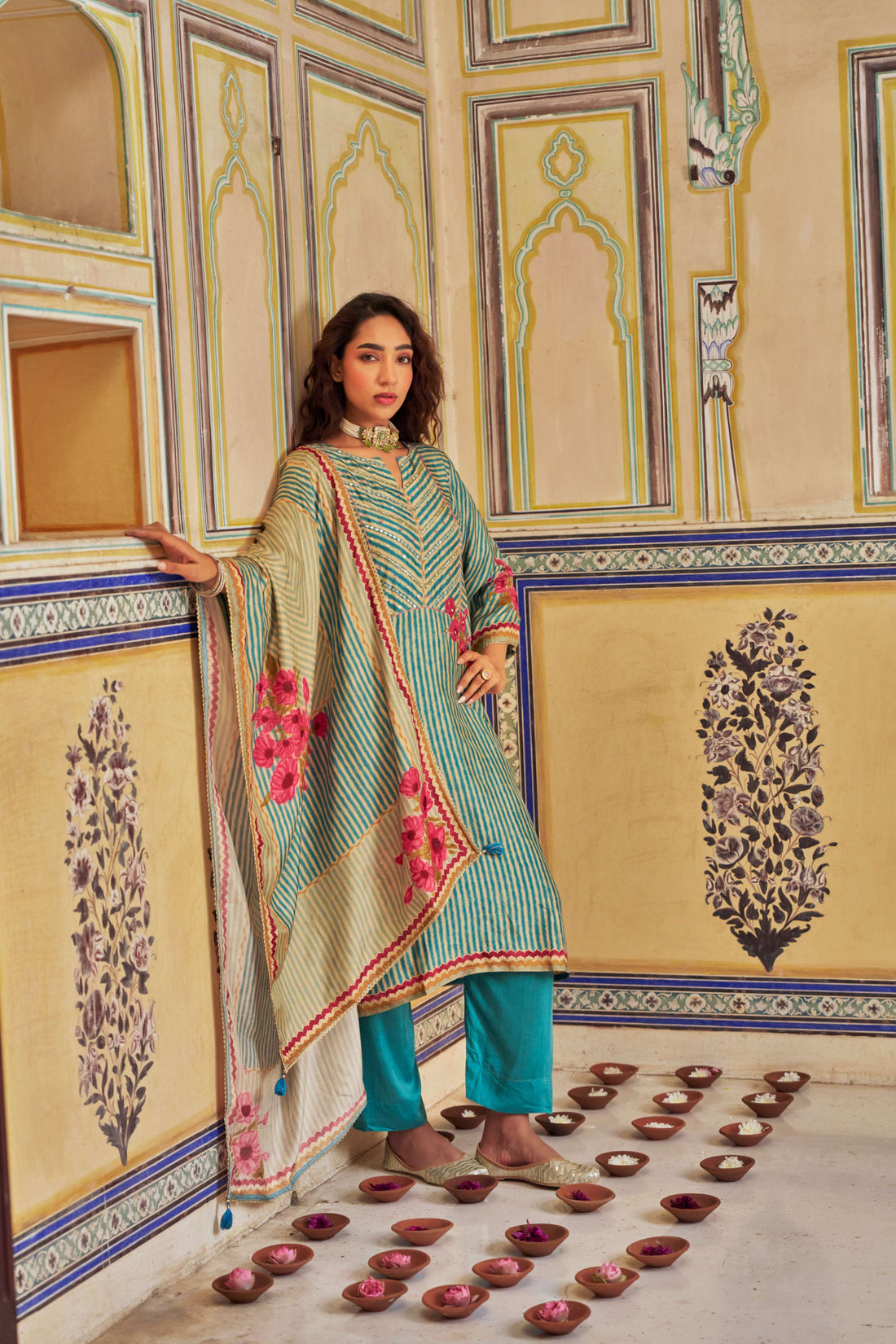 BLUE RUSSIAN SILK  STRIPE KURTA SET