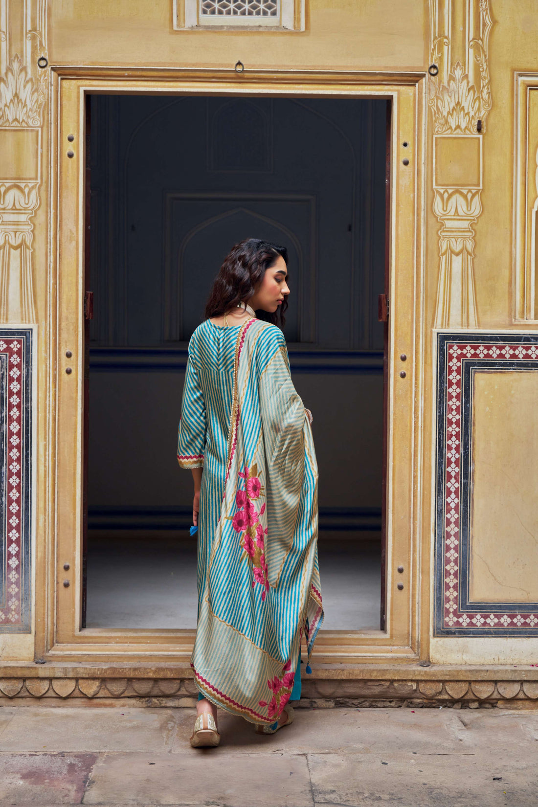 BLUE RUSSIAN SILK  STRIPE KURTA SET