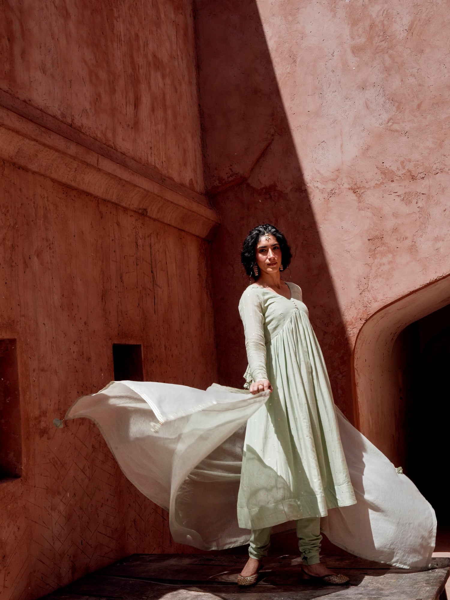 MUL COTTON PISTA GREEN ANARKALI SUIT SET
