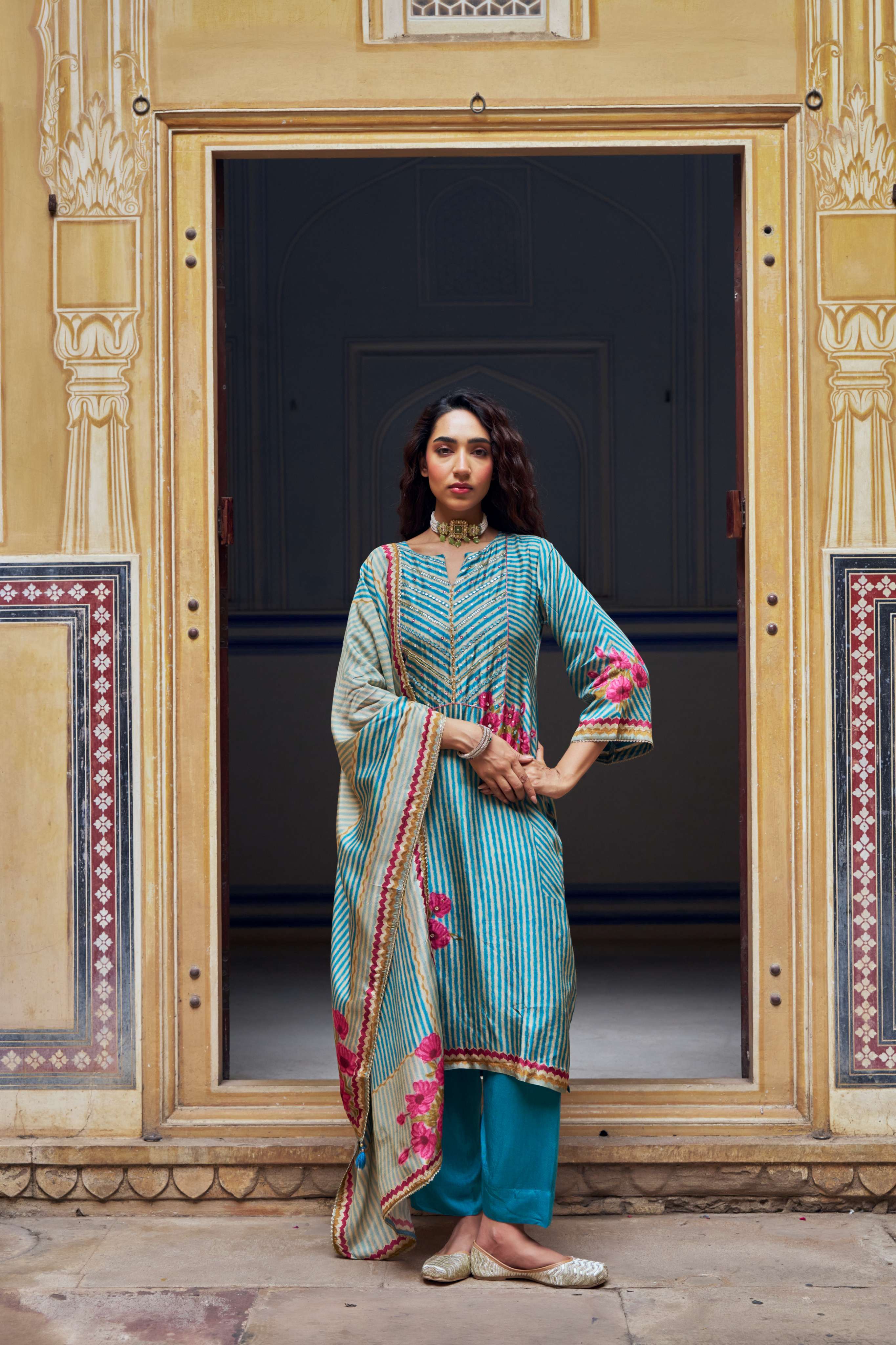 BLUE RUSSIAN SILK  STRIPE KURTA SET