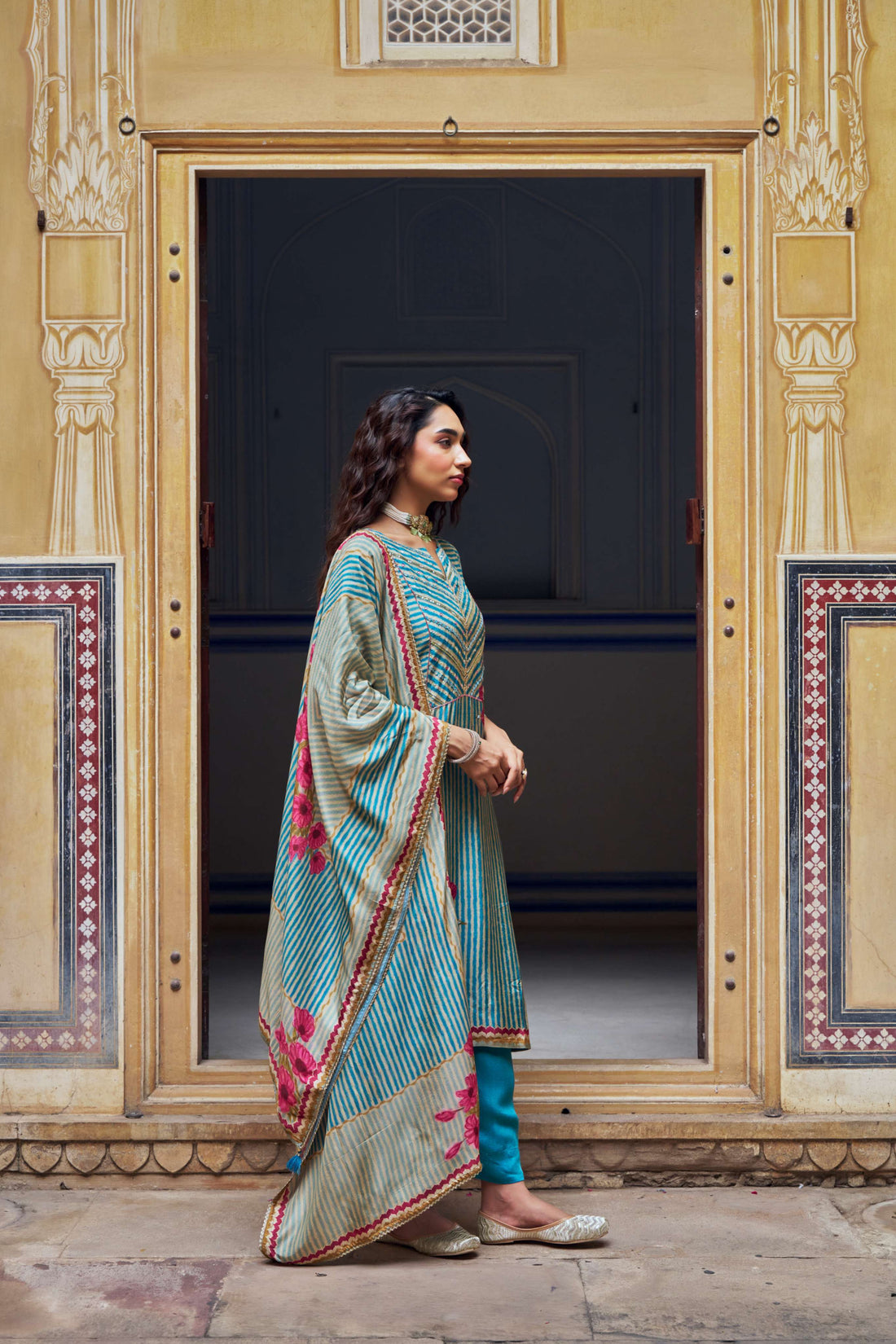 BLUE RUSSIAN SILK  STRIPE KURTA SET