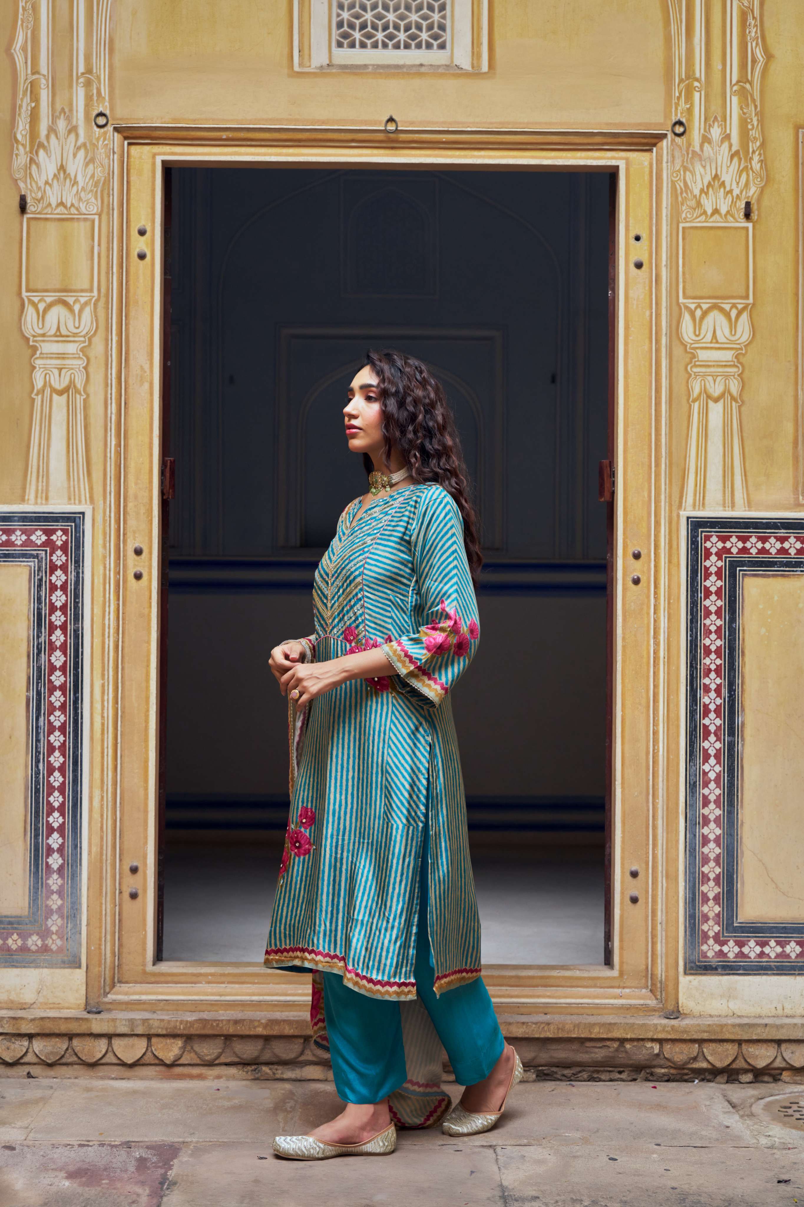 BLUE RUSSIAN SILK  STRIPE KURTA SET