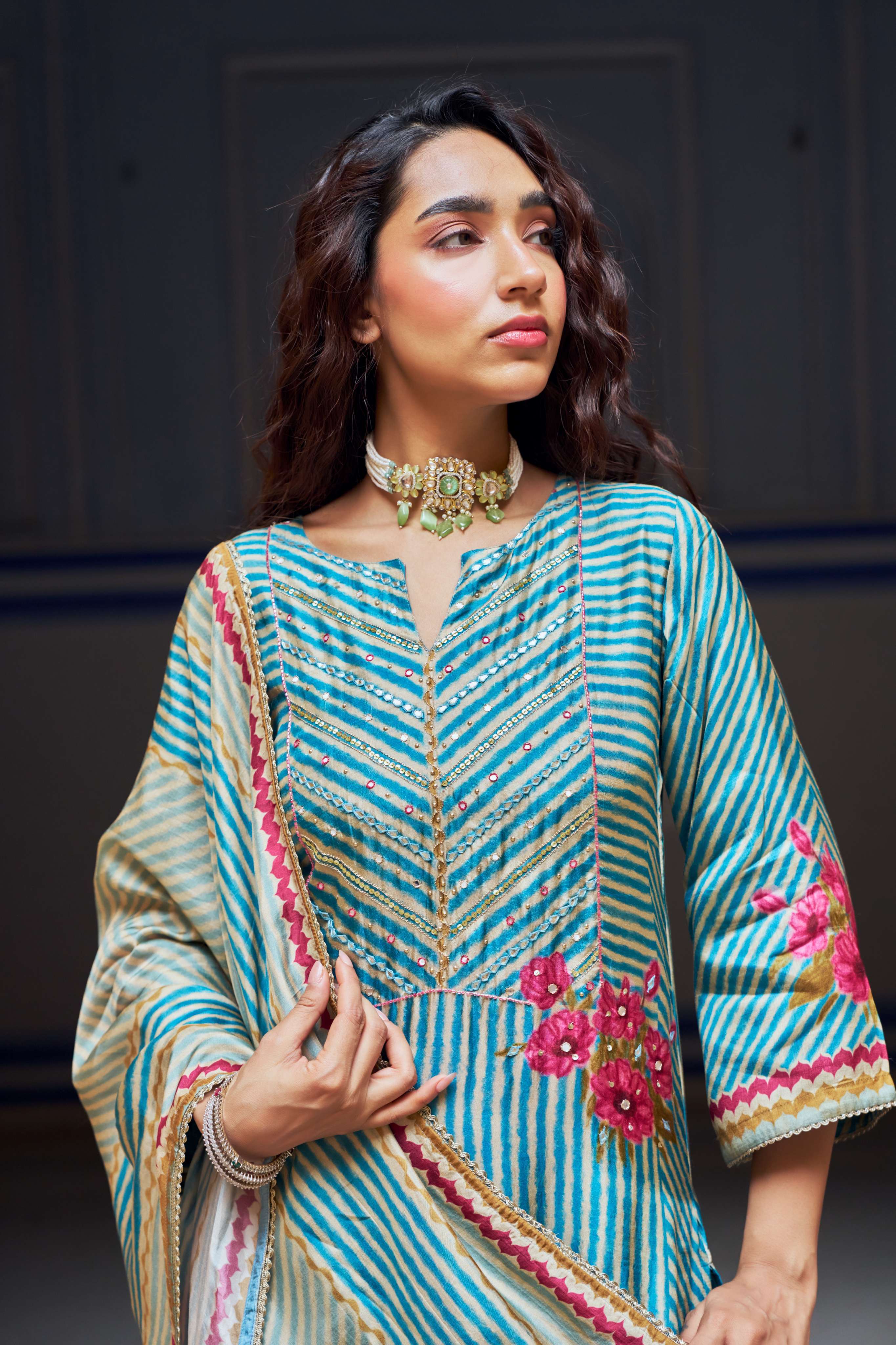 BLUE RUSSIAN SILK  STRIPE KURTA SET