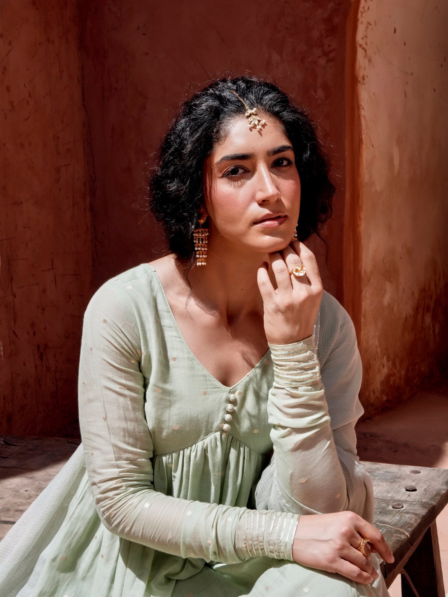 MUL COTTON PISTA GREEN ANARKALI SUIT SET