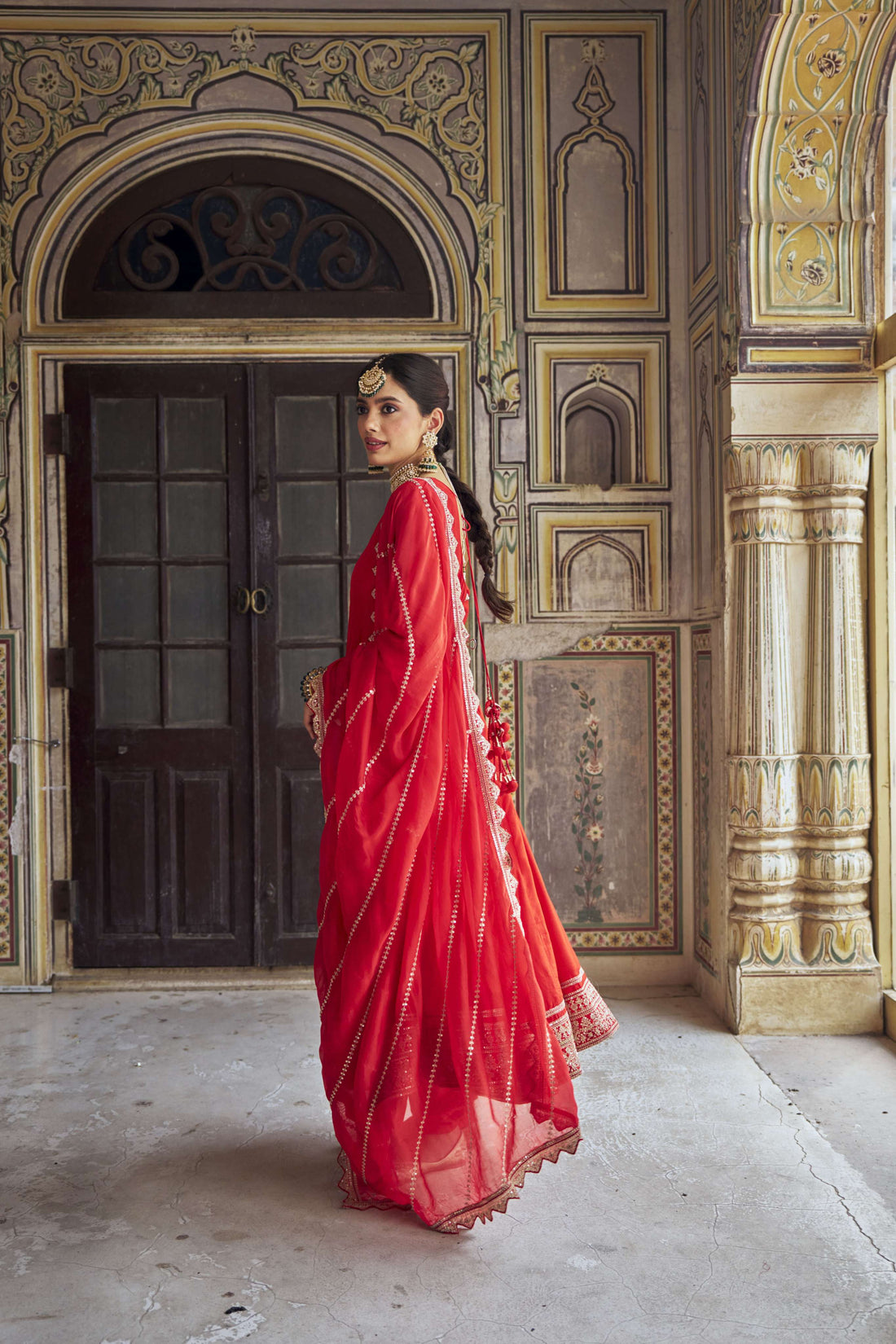 RED DOLA SILK ANARKALI  SET
