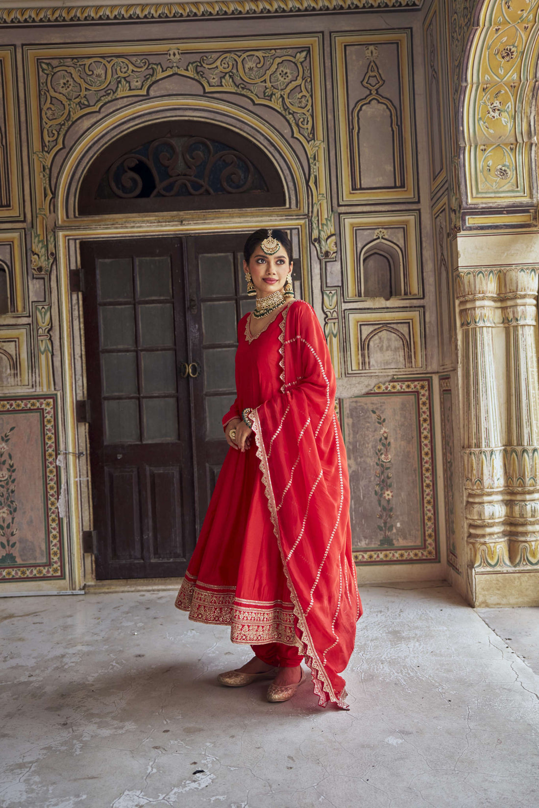 RED DOLA SILK ANARKALI  SET