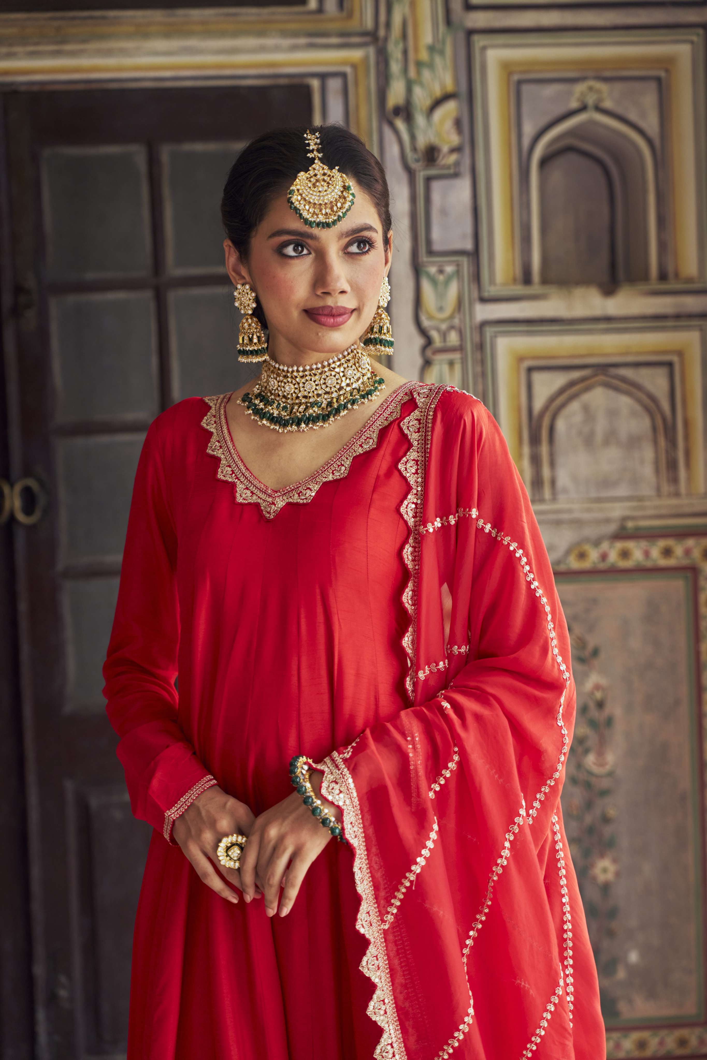 RED DOLA SILK ANARKALI  SET