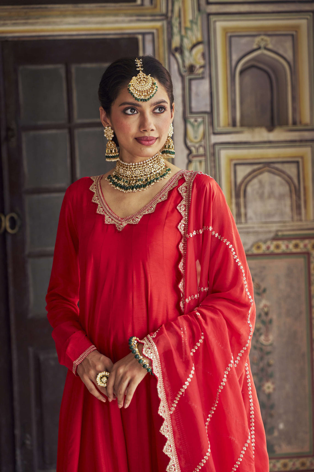 RED DOLA SILK ANARKALI  SET