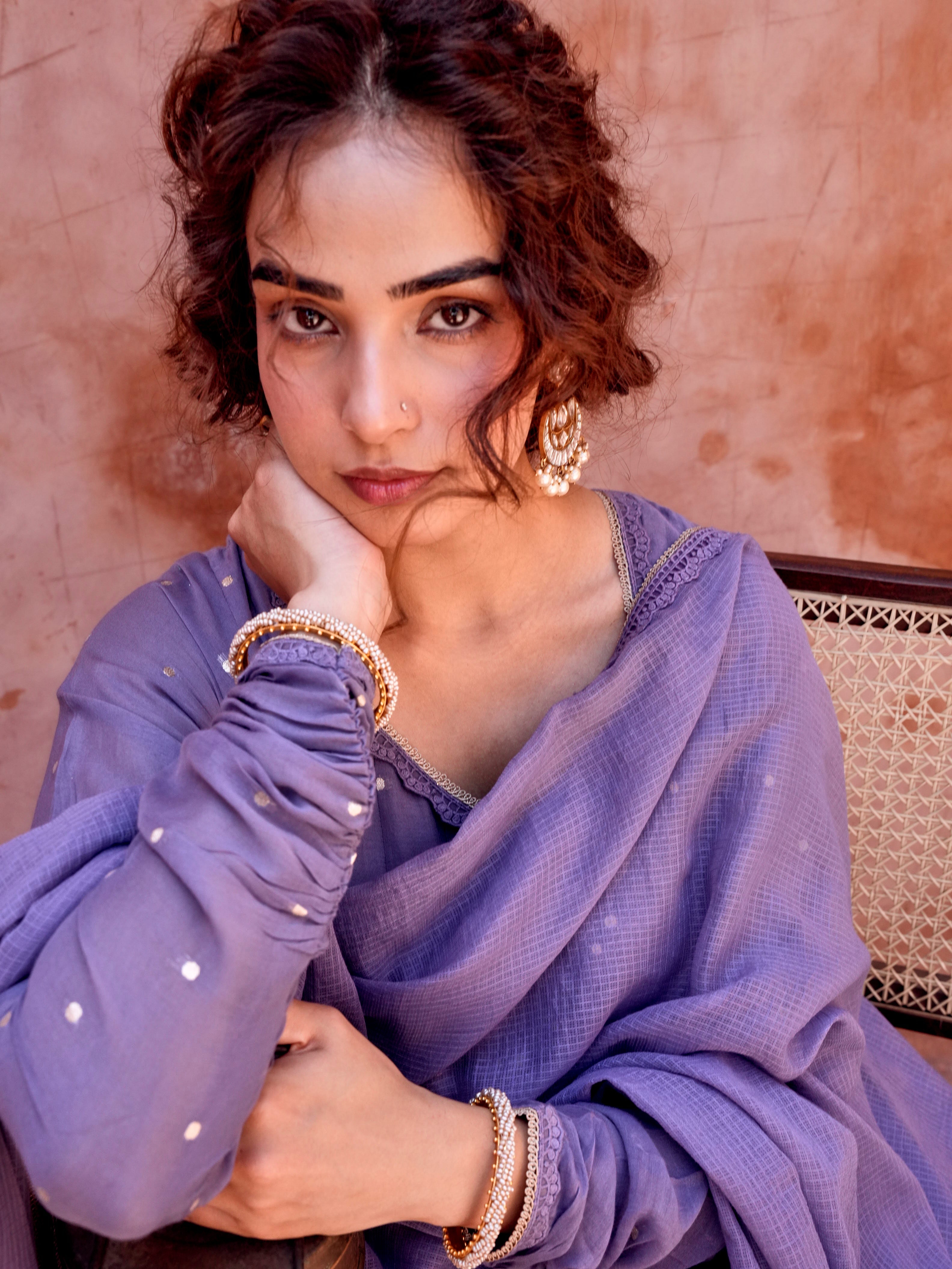 VOILET MULMUL ANARKALI SUIT SET