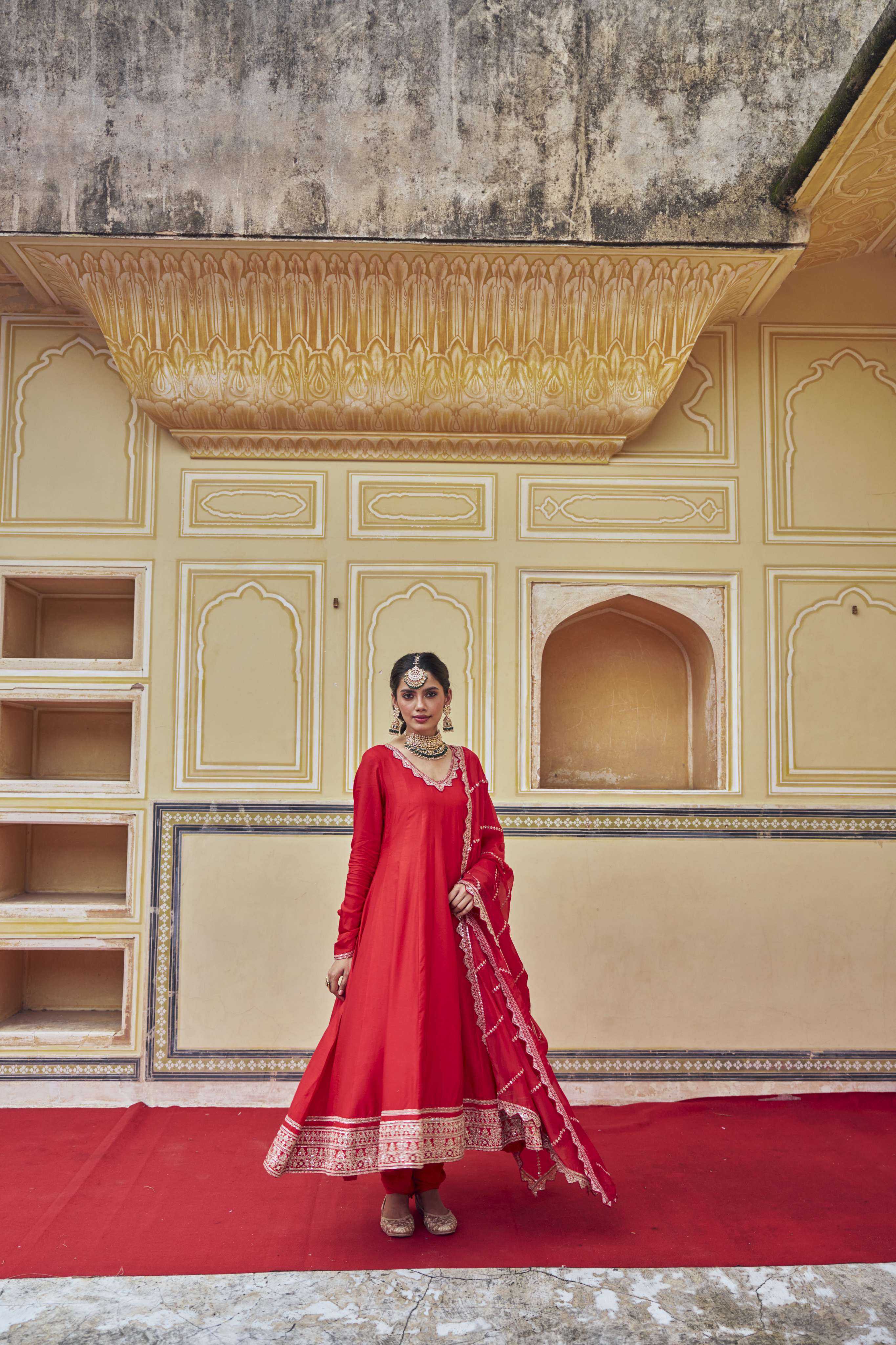 RED DOLA SILK ANARKALI  SET